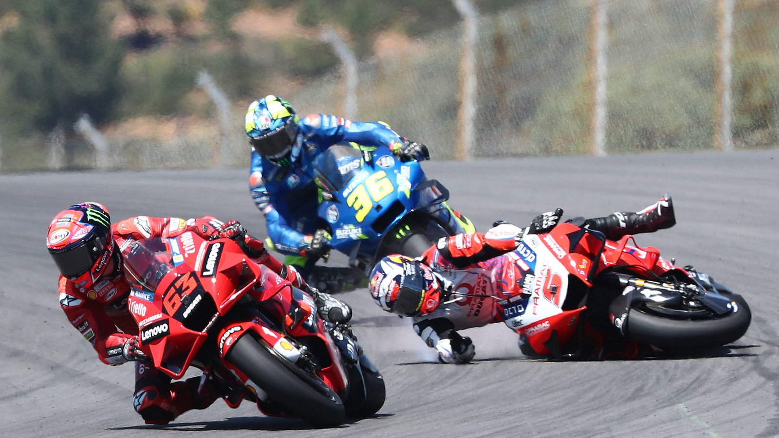 Johann Zarco crashed behind Francesco Bagnaia MotoGP race, Portuguese MotoGP. 18 April 2021
