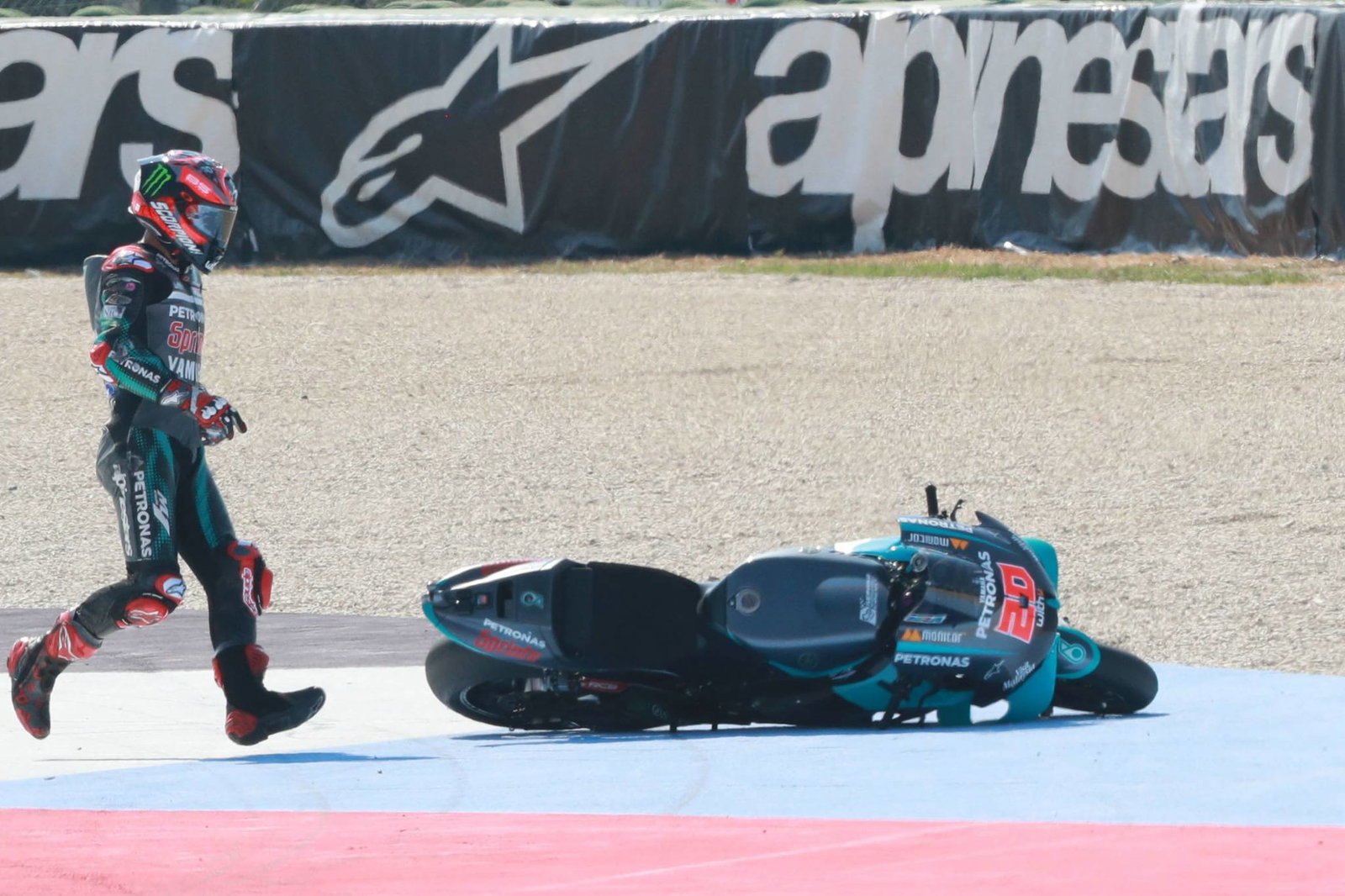 Fabio Quartararo after crash, MotoGP race, San Marino MotoGP, 13 September 2020
