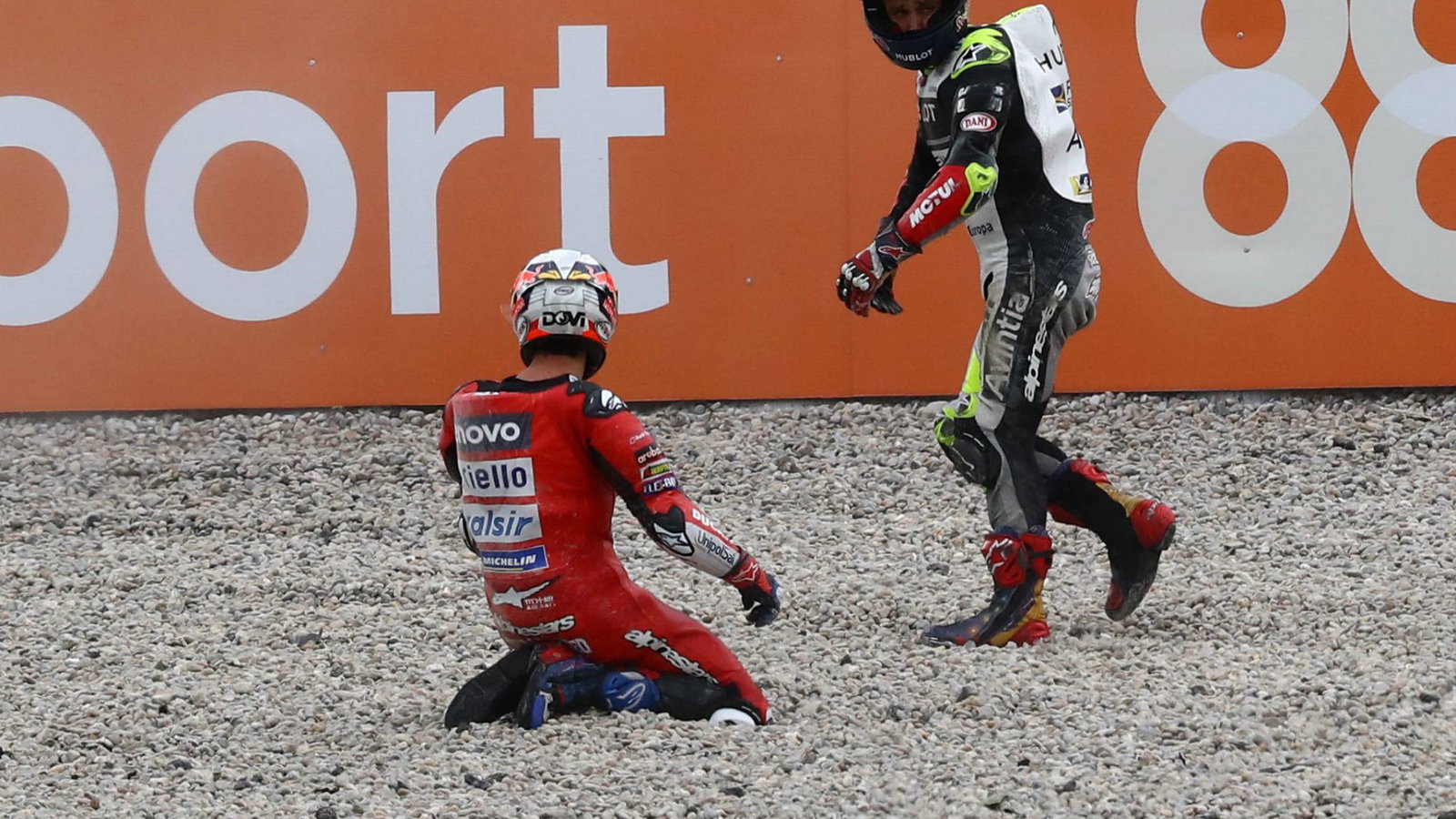 Andrea Dovizioso Johann Zarco after crash, Catalunya MotoGP. 27 September 2020