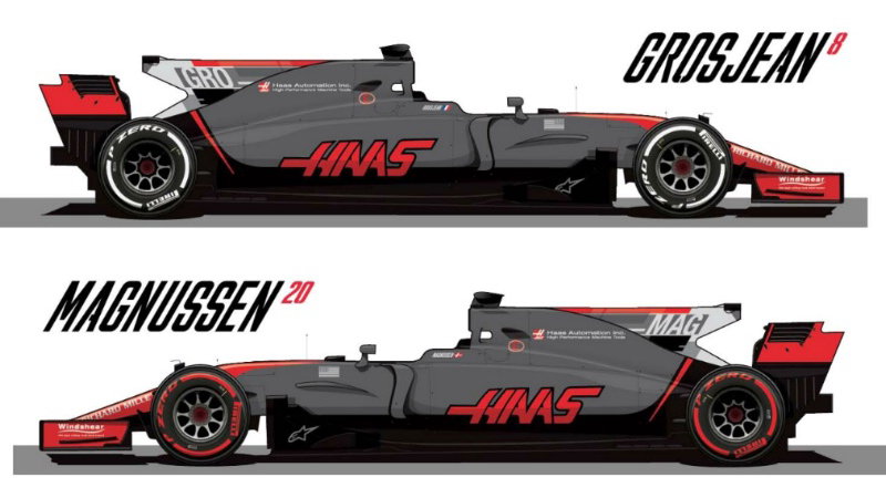 Haas VF17 displaying a revised livery for the Spanish GP