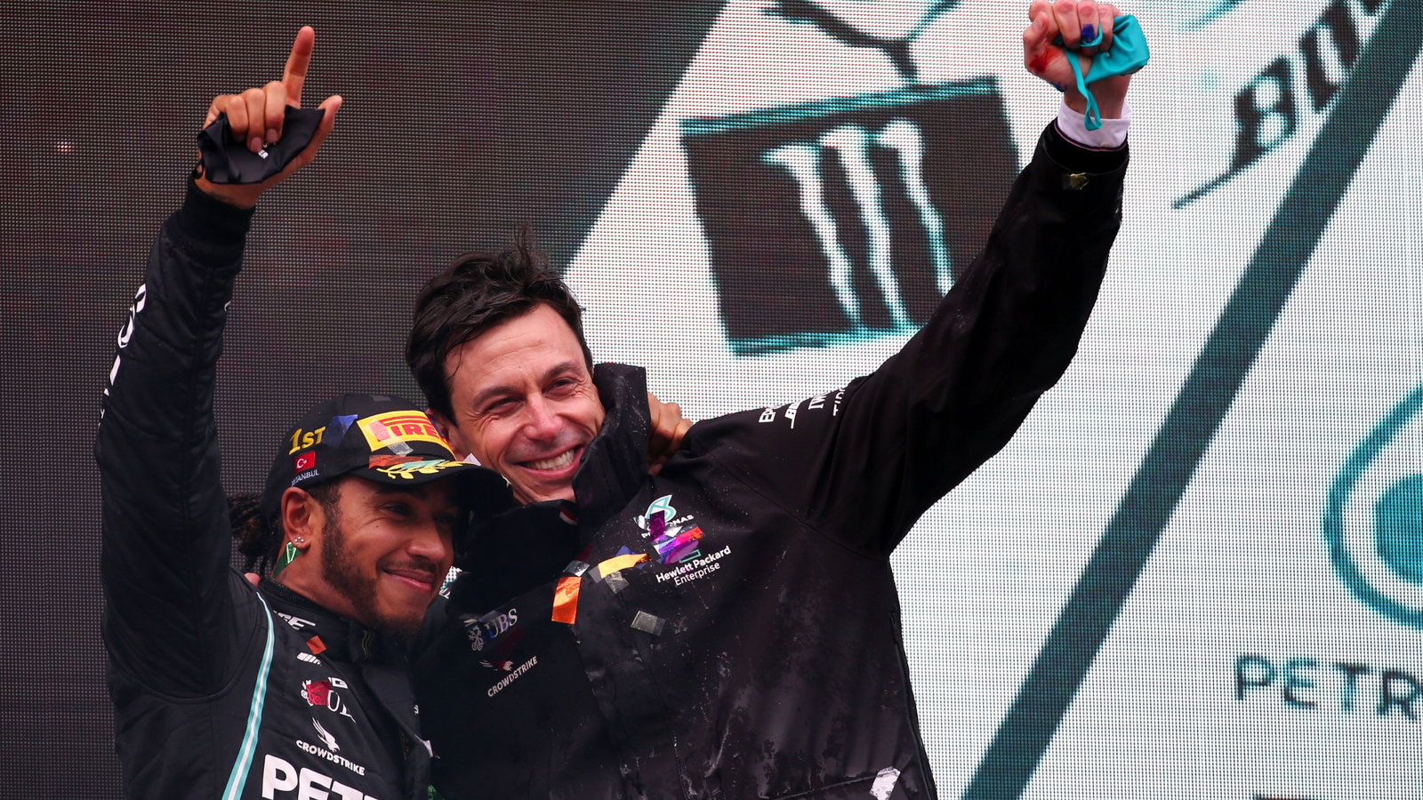 Race winner Lewis Hamilton (GBR) Mercedes AMG F1 celebrates winning his seventh World Championship with Toto Wolff (GER)