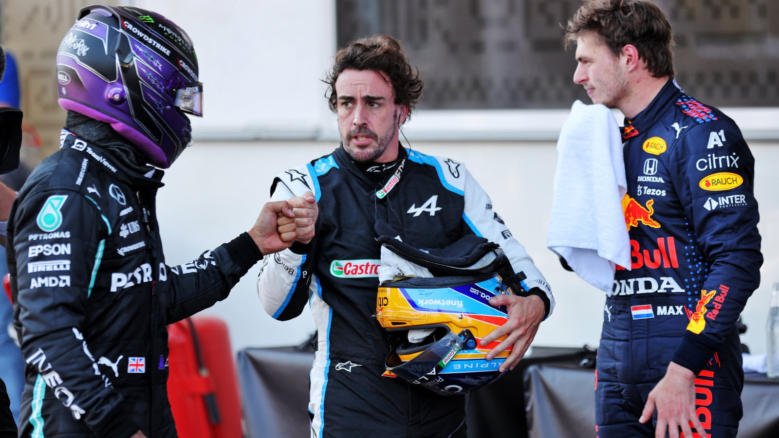 (L to R): Lewis Hamilton (GBR) Mercedes AMG F1 with Fernando Alonso (ESP) Alpine F1 Team and Max Verstappen (NLD) Red Bull