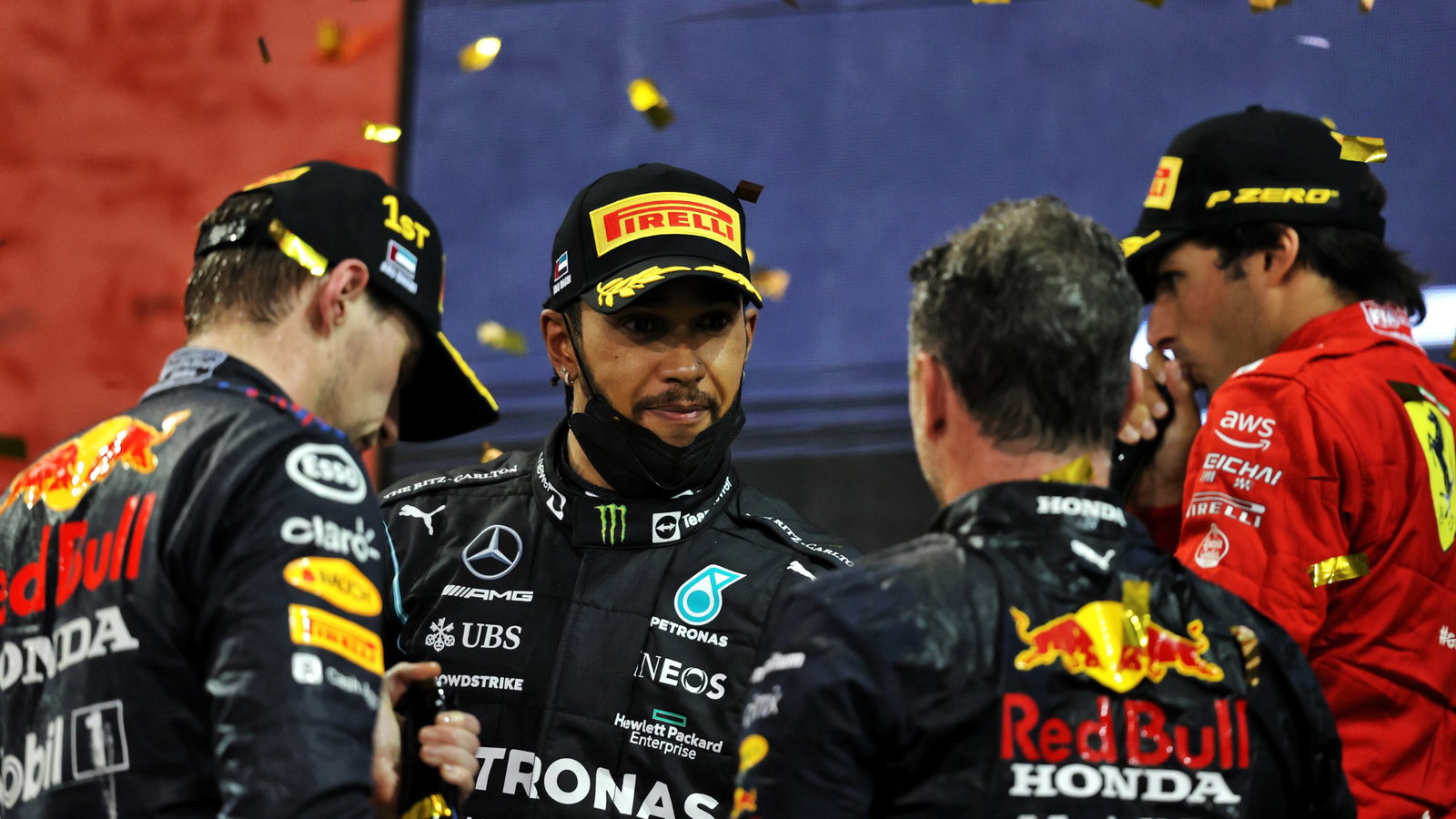 The podium (L to R): Max Verstappen (NLD) Red Bull Racing, race winner, and World Champion; Lewis Hamilton (GBR) Mercedes