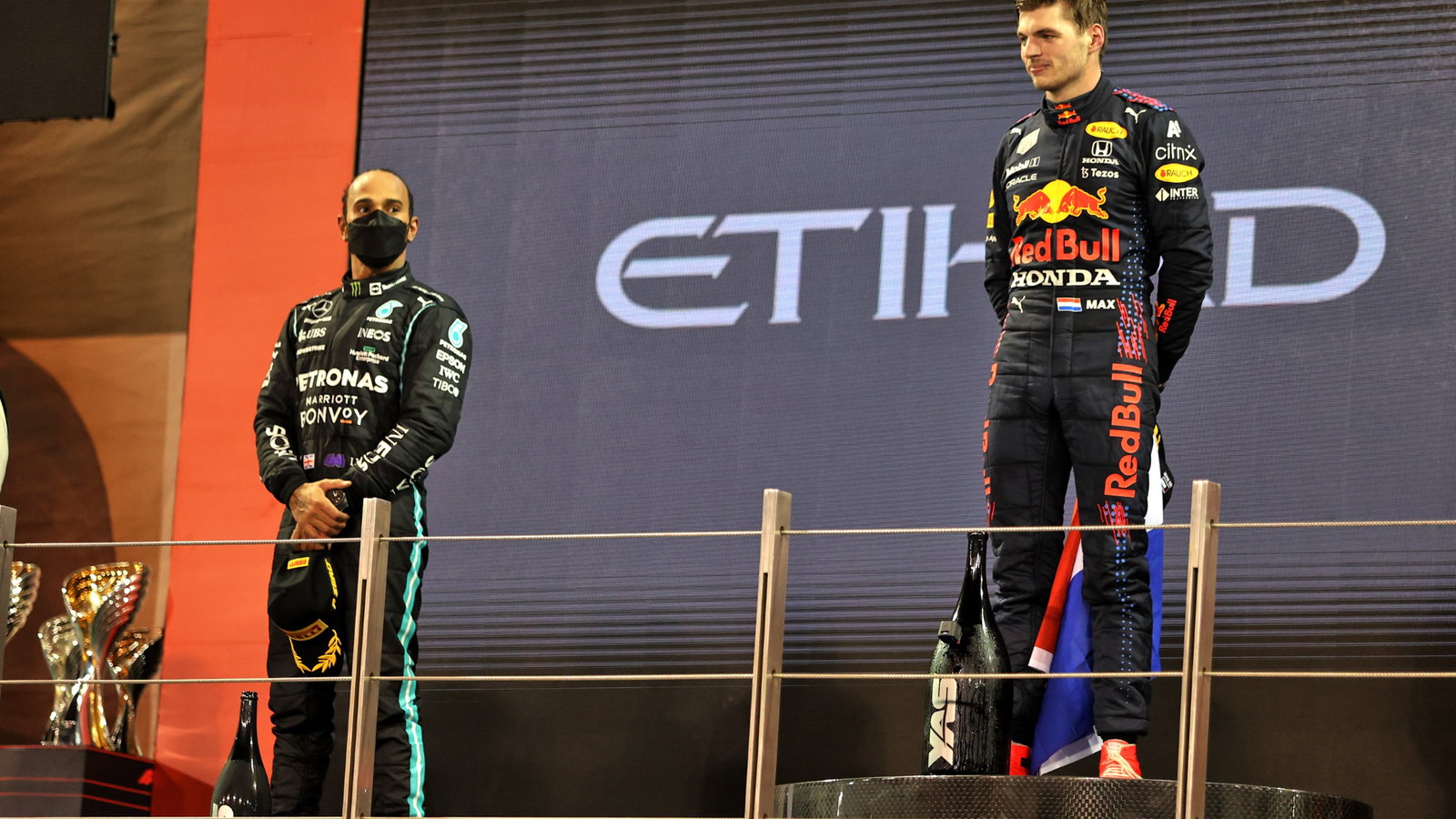 (L to R): second placed Lewis Hamilton (GBR) Mercedes AMG F1 on the podium with race winner and World Champion Max