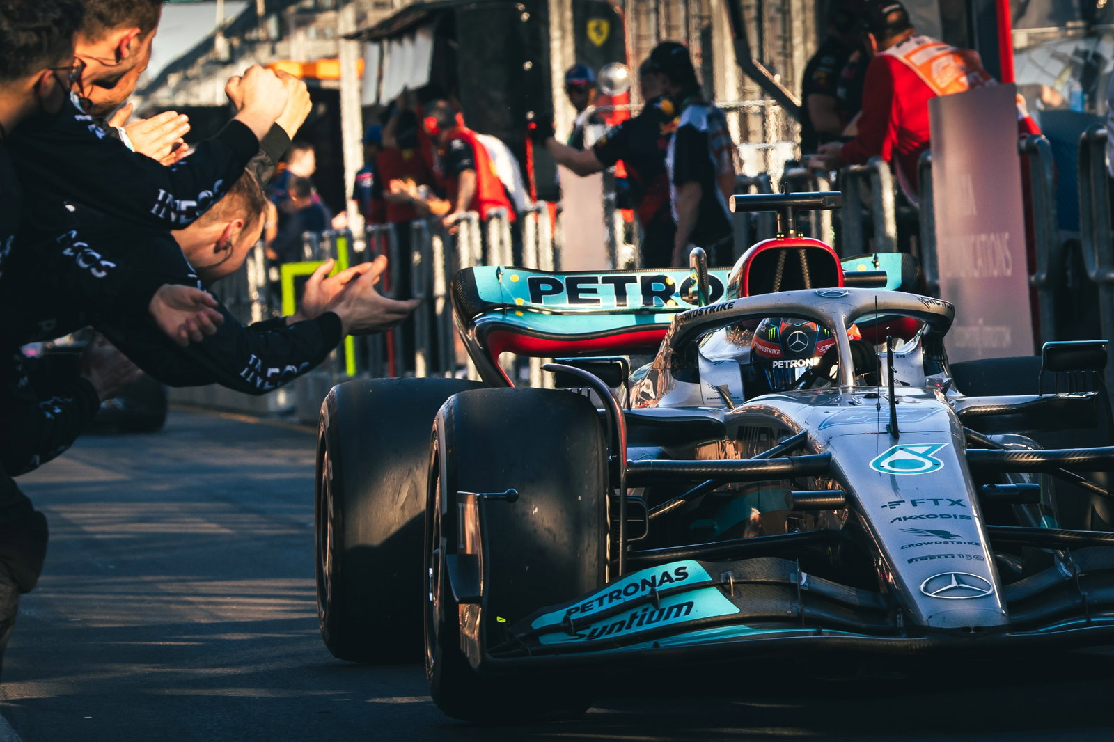 Third placed George Russell (GBR) Mercedes AMG F1 W13 in parc ferme. Formula 1 World Championship, Rd 3, Australian Grand