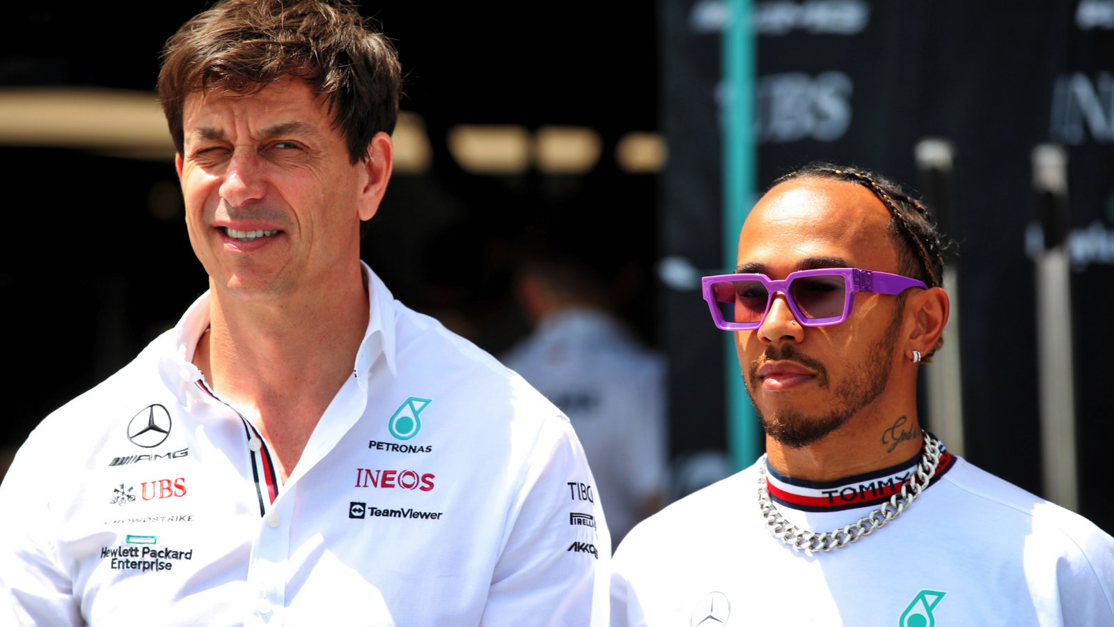 (L to R): Toto Wolff (GER) Mercedes AMG F1 Shareholder and Executive Director with Lewis Hamilton (GBR) Mercedes AMG F1.
