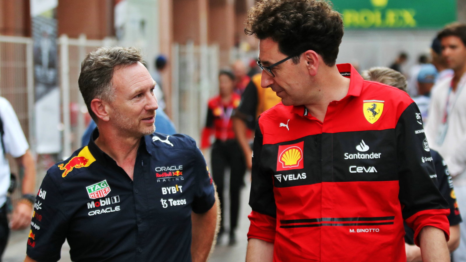 (L to R): Christian Horner (GBR) Red Bull Racing Team Principal with Mattia Binotto (ITA) Ferrari Team Principal. Formula