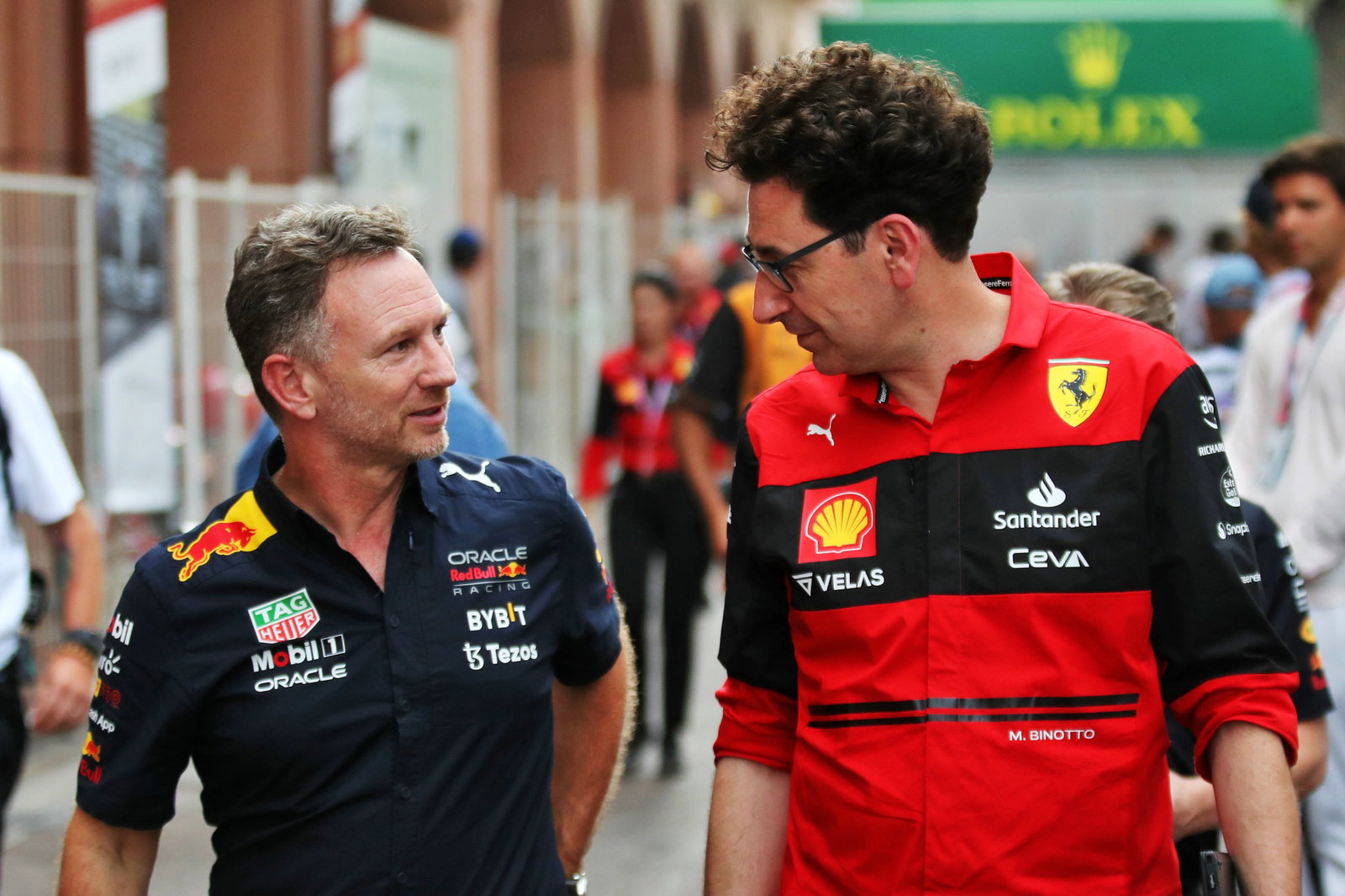 (L to R): Christian Horner (GBR) Red Bull Racing Team Principal with Mattia Binotto (ITA) Ferrari Team Principal. Formula