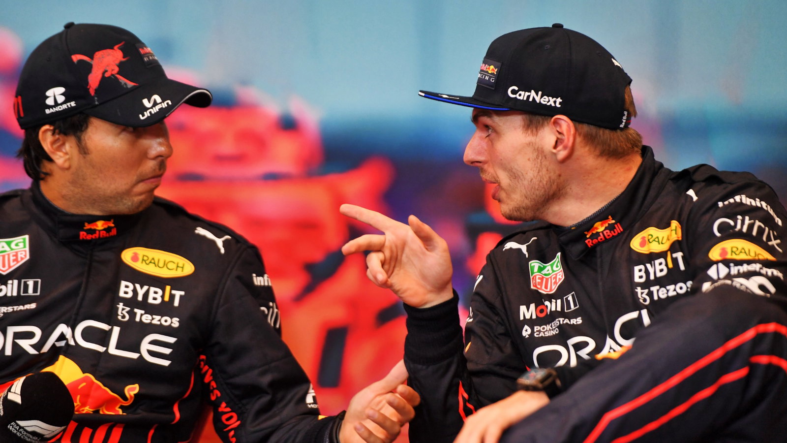 (L to R): Sergio Perez (MEX) Red Bull Racing and Max Verstappen (NLD) Red Bull Racing in the post race FIA Press