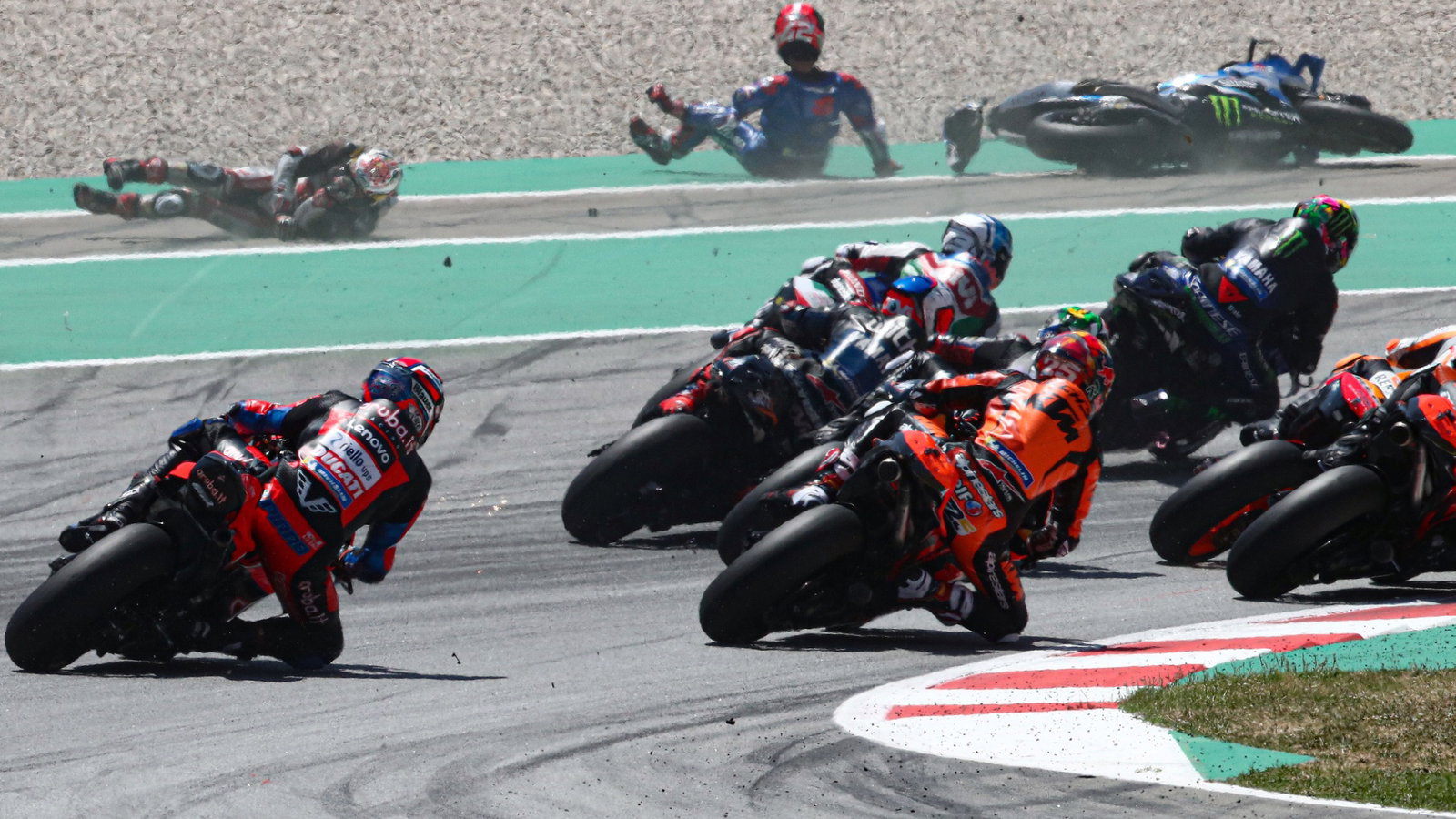 Alex Rins and Takaaki Nakagami after crashing out, Catalunya MotoGP. 5 July