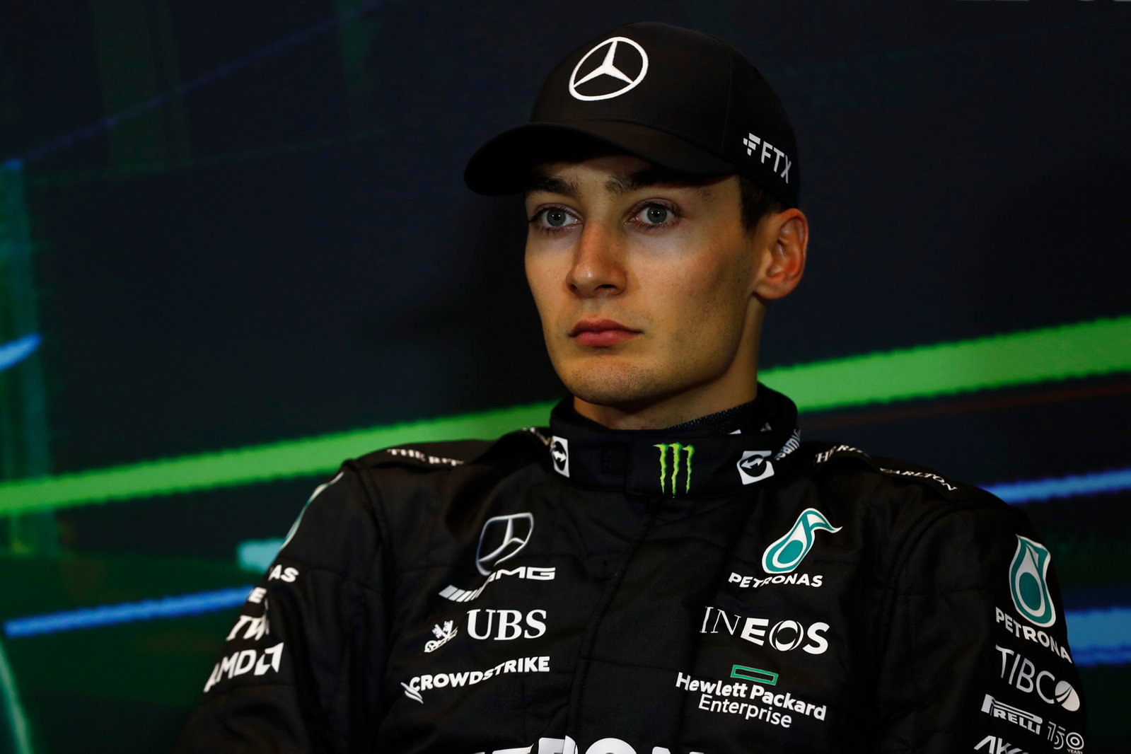 George Russell (GBR) ) Mercedes AMG F1 dalam Konferensi Pers FIA pasca balapan. Kejuaraan Dunia Formula 1, Rd 8, Azerbaijan