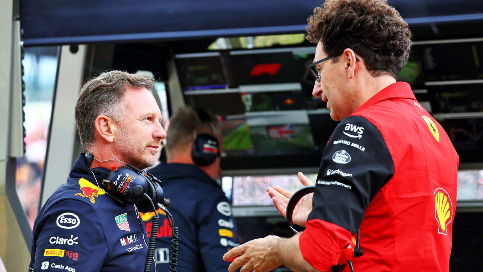 (L to R): Christian Horner (GBR) Red Bull Racing Team Principal with Mattia Binotto (ITA) Ferrari Team Principal. Formula
