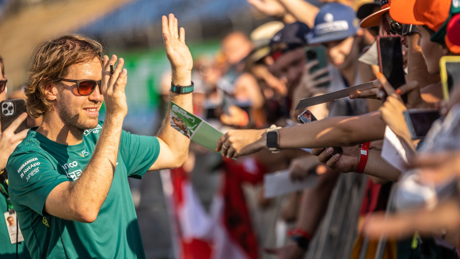 Sebastian Vettel (GER) Aston Martin F1 Team with fans. Formula 1 World Championship, Rd 13, Hungarian Grand Prix,