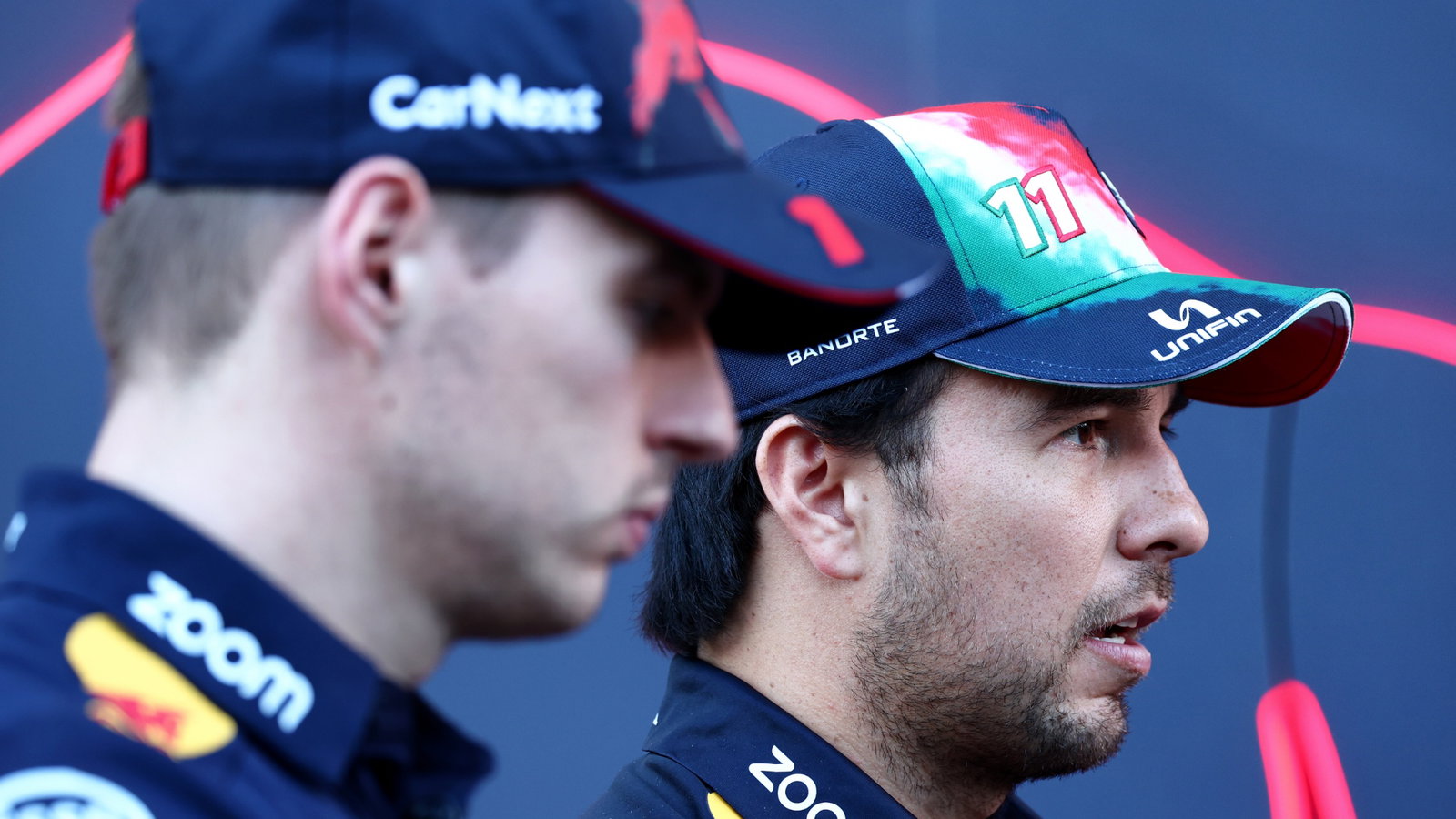 Sergio Perez (MEX) Red Bull Racing and team mate Max Verstappen (NLD) Red Bull Racing. Formula 1 World Championship, Rd
