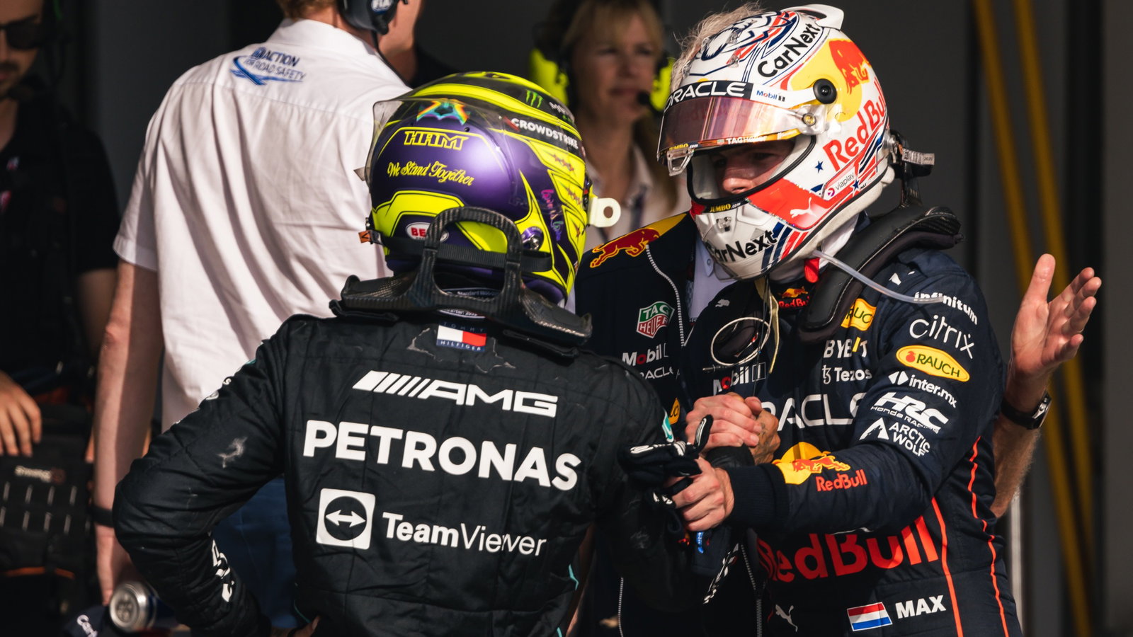 Race winner Max Verstappen (NLD) Red Bull Racing (Right) with second placed Lewis Hamilton (GBR) Mercedes AMG F1 in parc