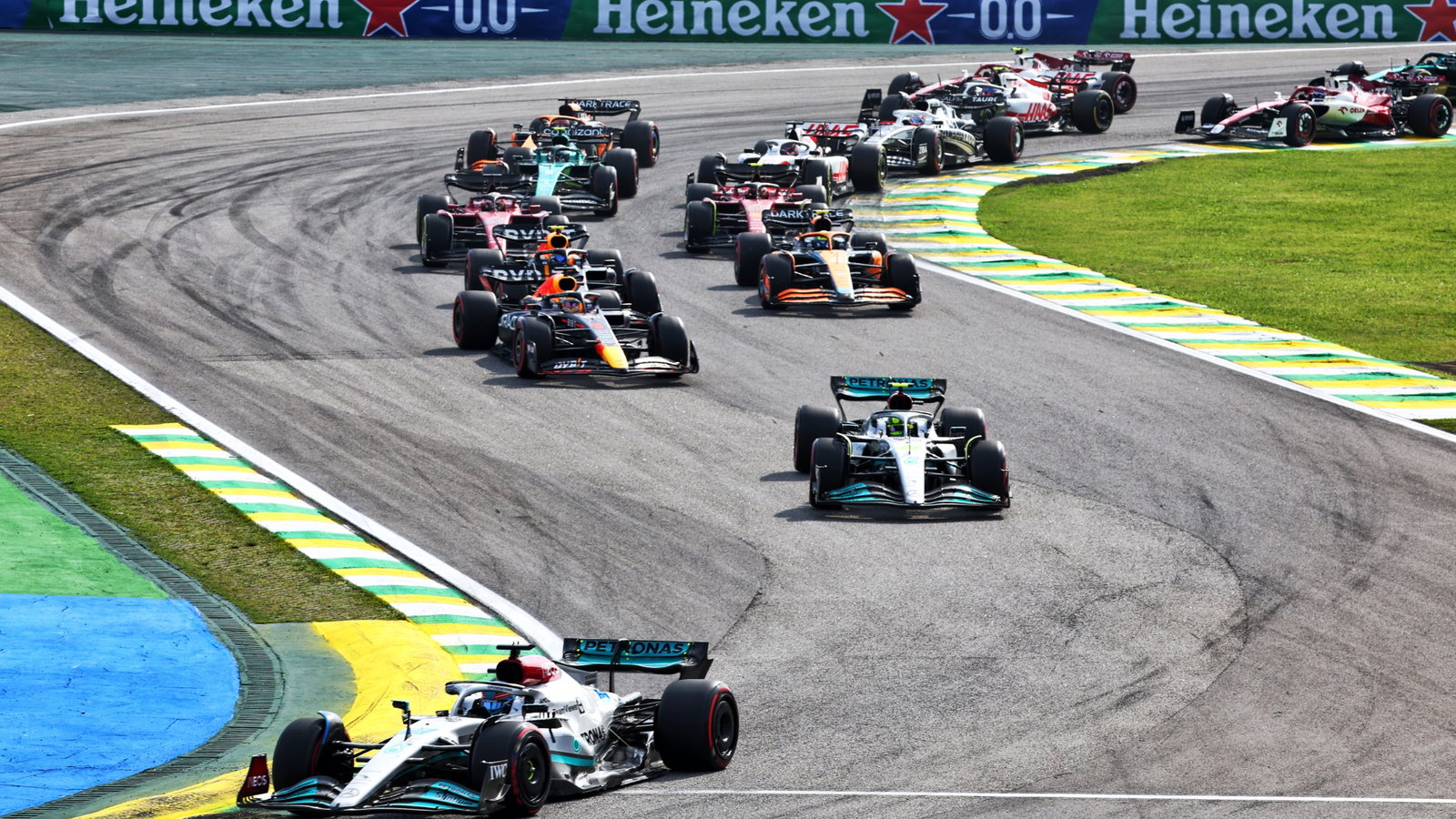 George Russell (GBR) Mercedes AMG F1 W13 leads at the start of the race. Formula 1 World Championship, Rd 21, Brazilian