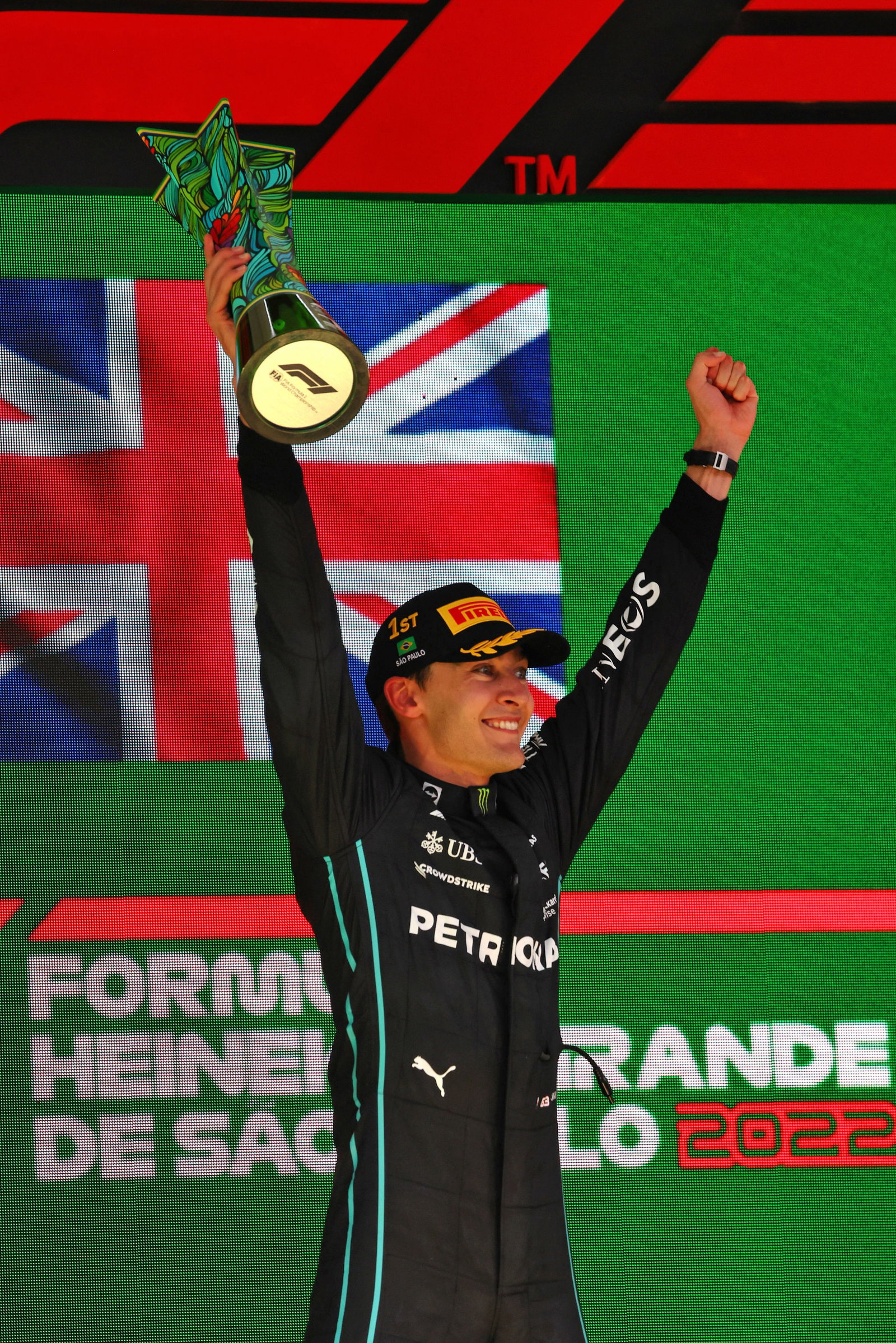 Race winner George Russell (GBR) Mercedes AMG F1 celebrates on the podium. Formula 1 World Championship, Rd 21, Brazilian