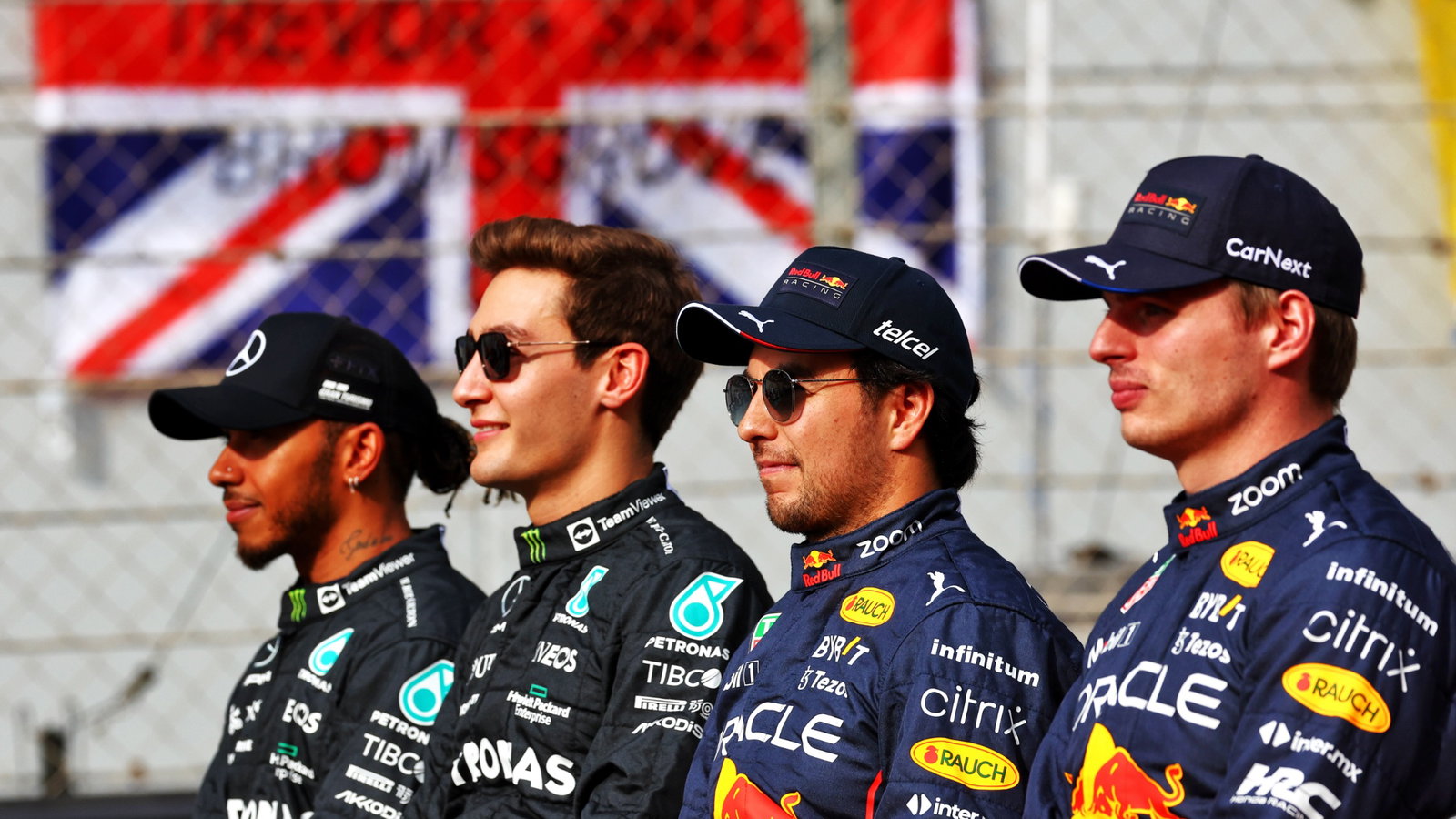 (L to R): Lewis Hamilton (GBR) Mercedes AMG F1; George Russell (GBR) Mercedes AMG F1; Sergio Perez (MEX) Red Bull Racing;
