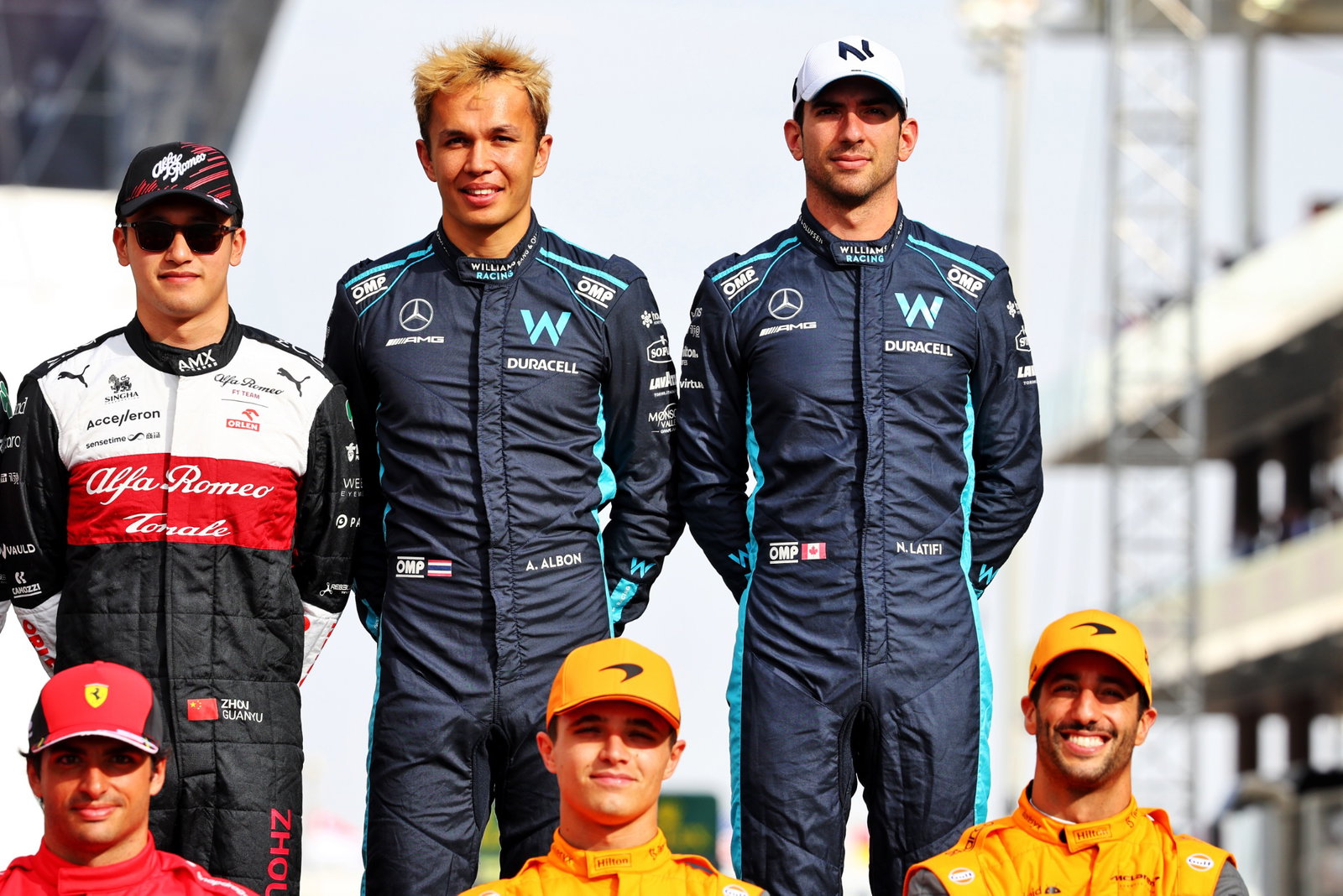 (L to R): Guanyu Zhou (CHN) Alfa Romeo F1 Team; Alexander Albon (THA) Williams Racing; and Nicholas Latifi (CDN) Williams