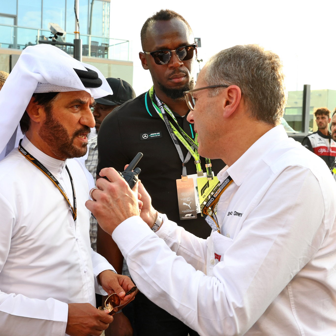 (L to R): Mohammed Bin Sulayem (UAE) FIA President with Usain Bolt (JAM) Former Athlete and Stefano Domenicali (ITA) Formula