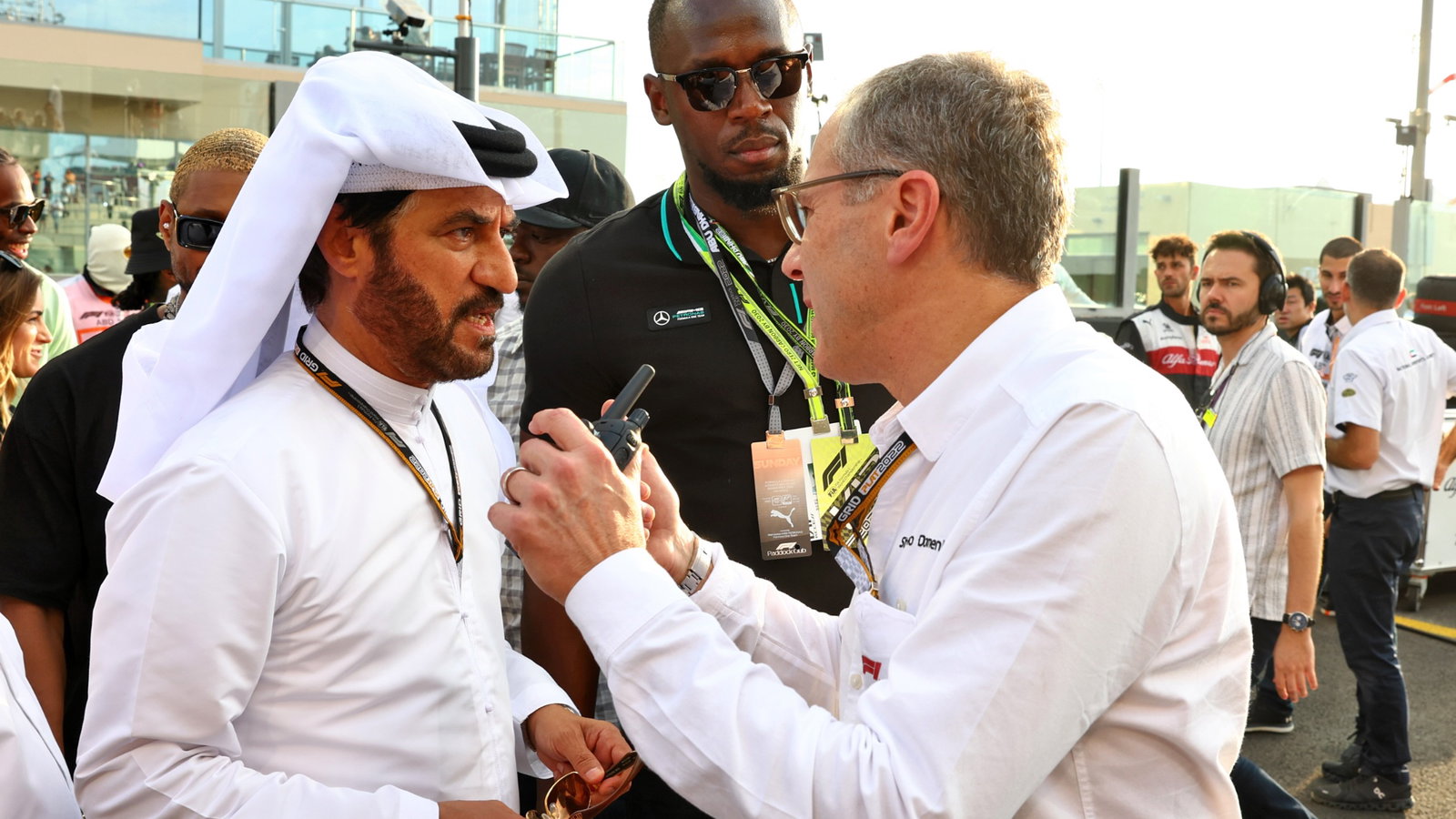 (L to R): Mohammed Bin Sulayem (UAE) FIA President with Usain Bolt (JAM) Former Athlete and Stefano Domenicali (ITA) Formula
