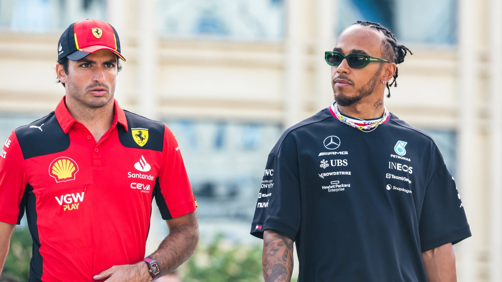 (L to R): Carlos Sainz Jr (ESP) Ferrari with Lewis Hamilton (GBR) Mercedes AMG F1. Formula 1 World Championship, Rd 4,