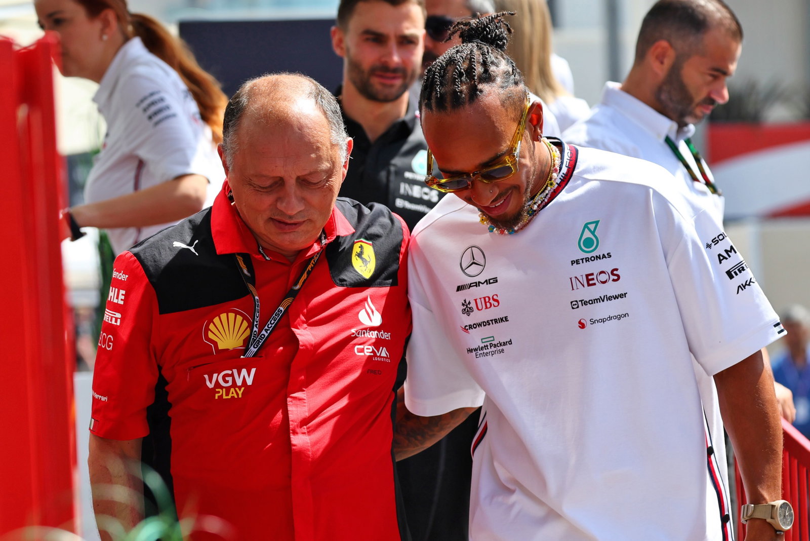 (L to R): Frederic Vasseur (FRA) Ferrari Team Principal with Lewis Hamilton (GBR) Mercedes AMG F1. Formula 1 World