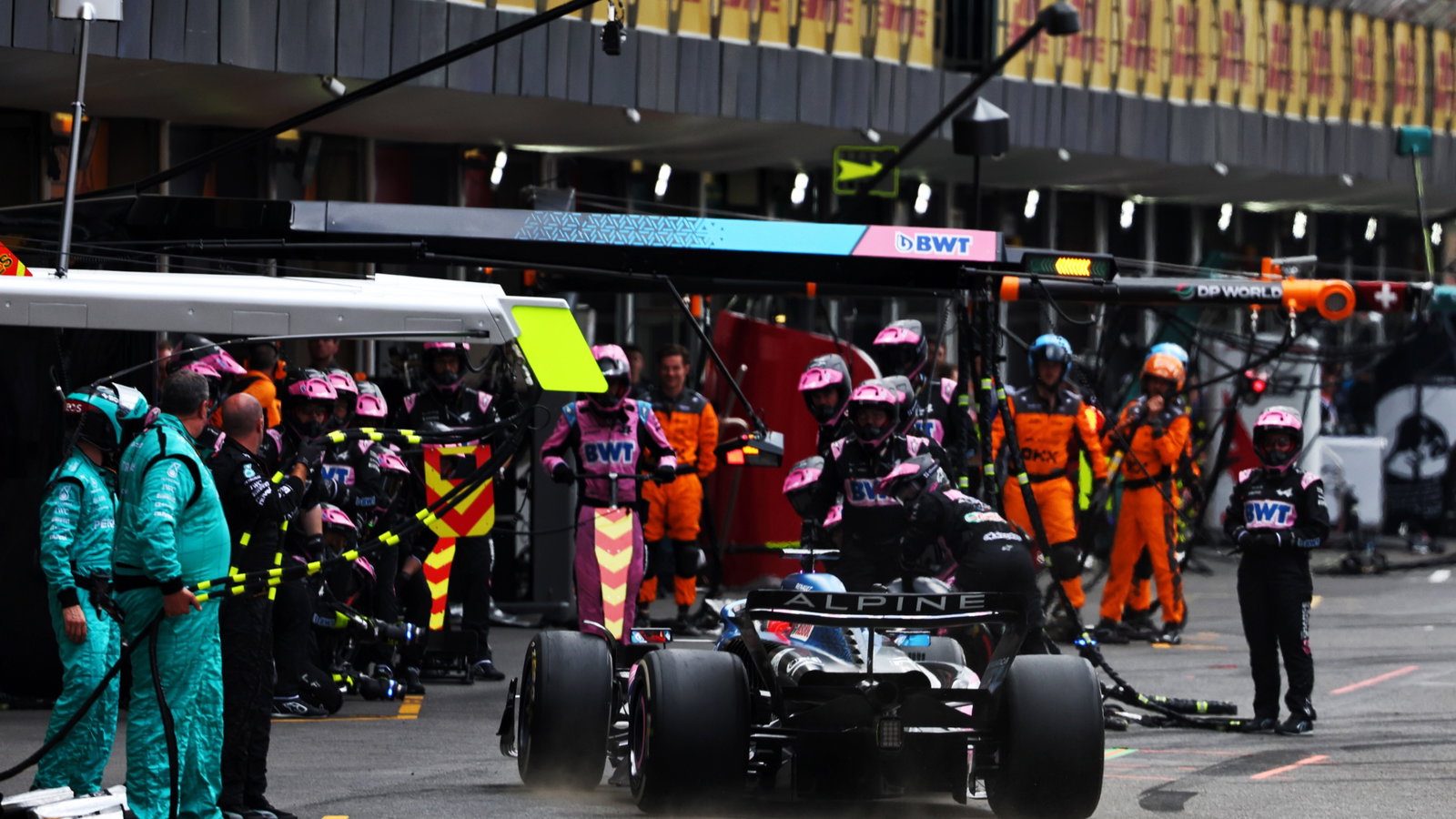 Esteban Ocon (FRA) Alpine F1 Team A523 makes a pit stop. Formula 1 World Championship, Rd 4, Azerbaijan Grand Prix, Baku