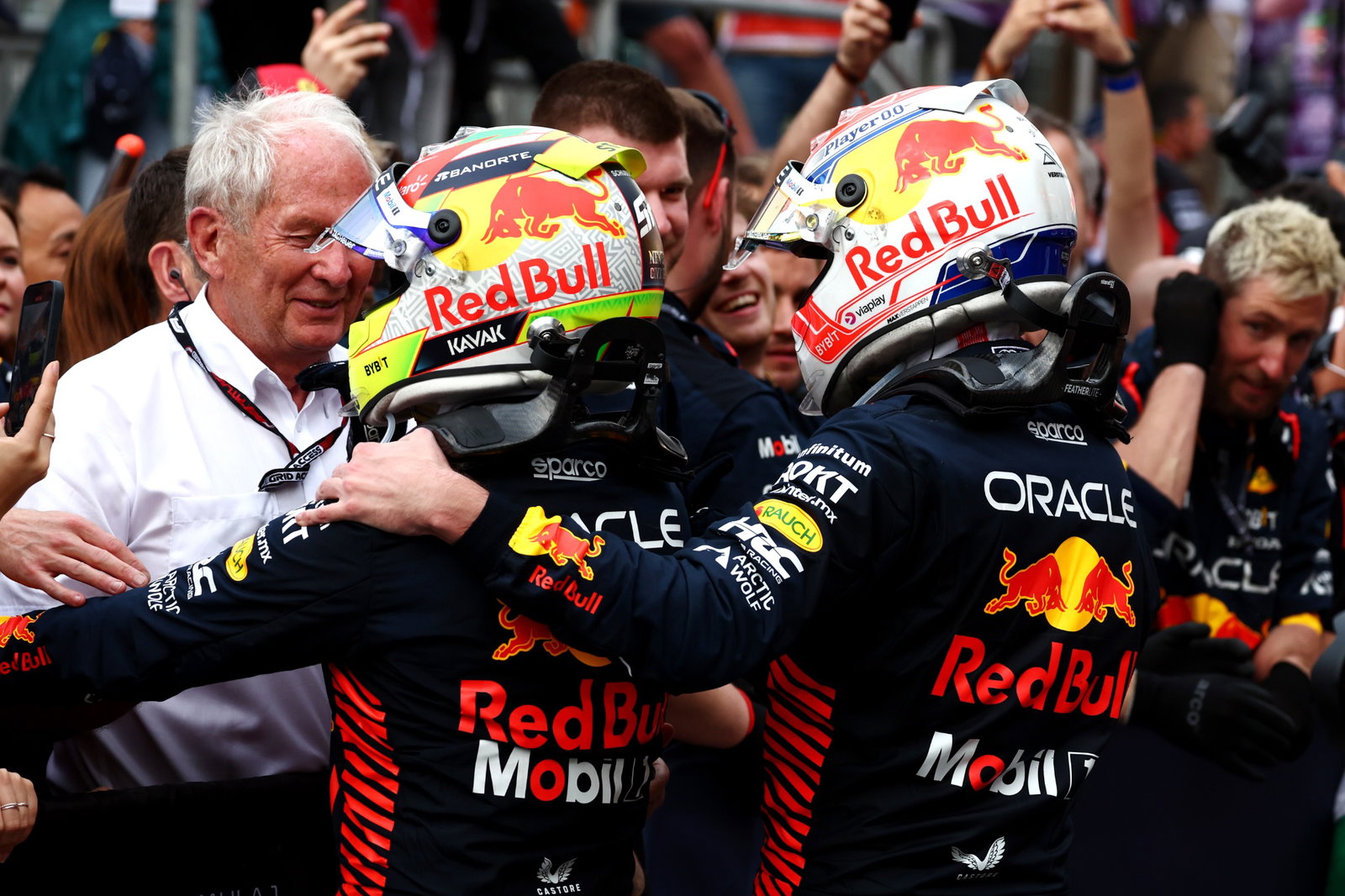 (L to R): Race winner Sergio Perez (MEX) Red Bull Racing and second placed team mate Max Verstappen (NLD) Red Bull Racing