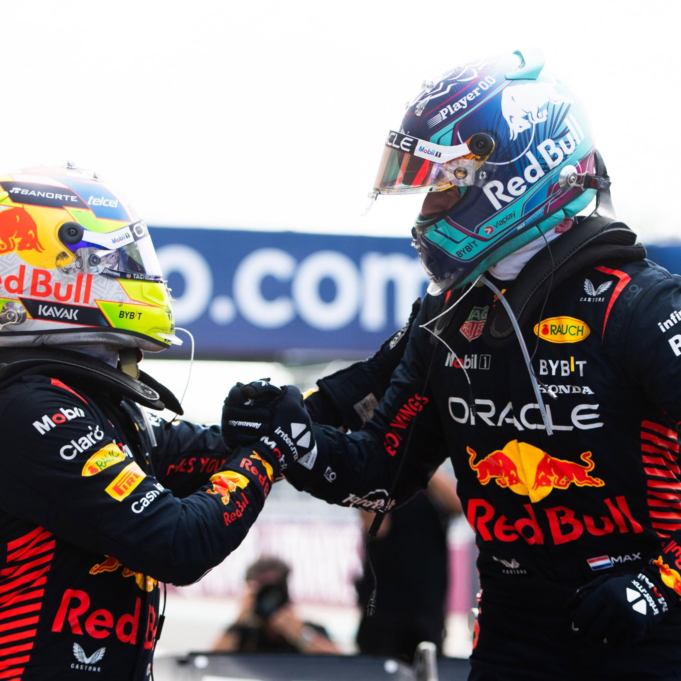2nd place Sergio Perez (MEX) Red Bull Racing with 1st place Max Verstappen (NLD) Red Bull Racing. Formula 1 World