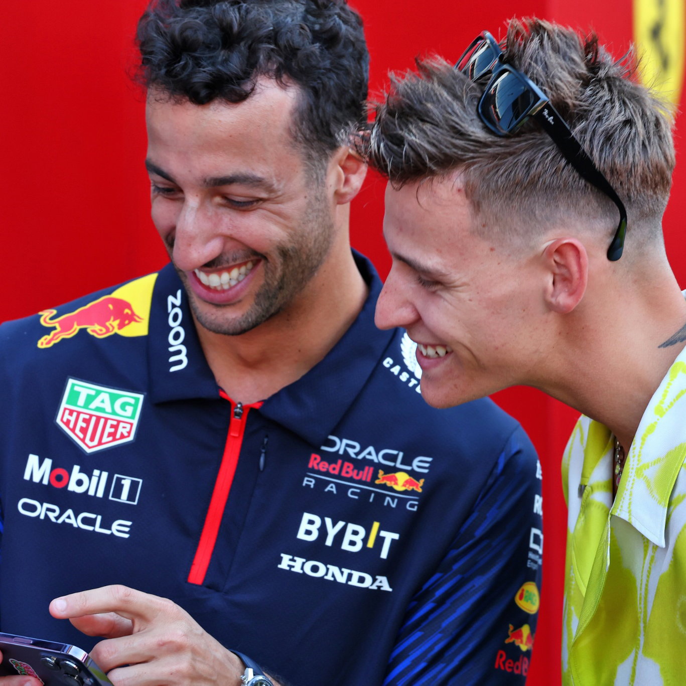 (L to R): Daniel Ricciardo (AUS) Red Bull Racing Reserve and Third Driver with Fabio Quartararo (FRA) MotoGP Motorcycle