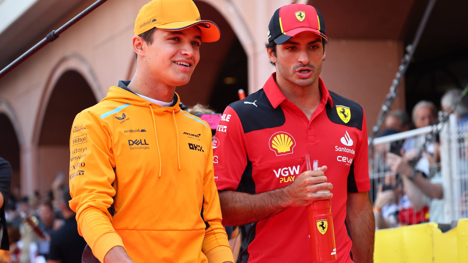 (L to R): Lando Norris (GBR) McLaren and Carlos Sainz Jr (ESP) Ferrari on the drivers' parade. Formula 1 World