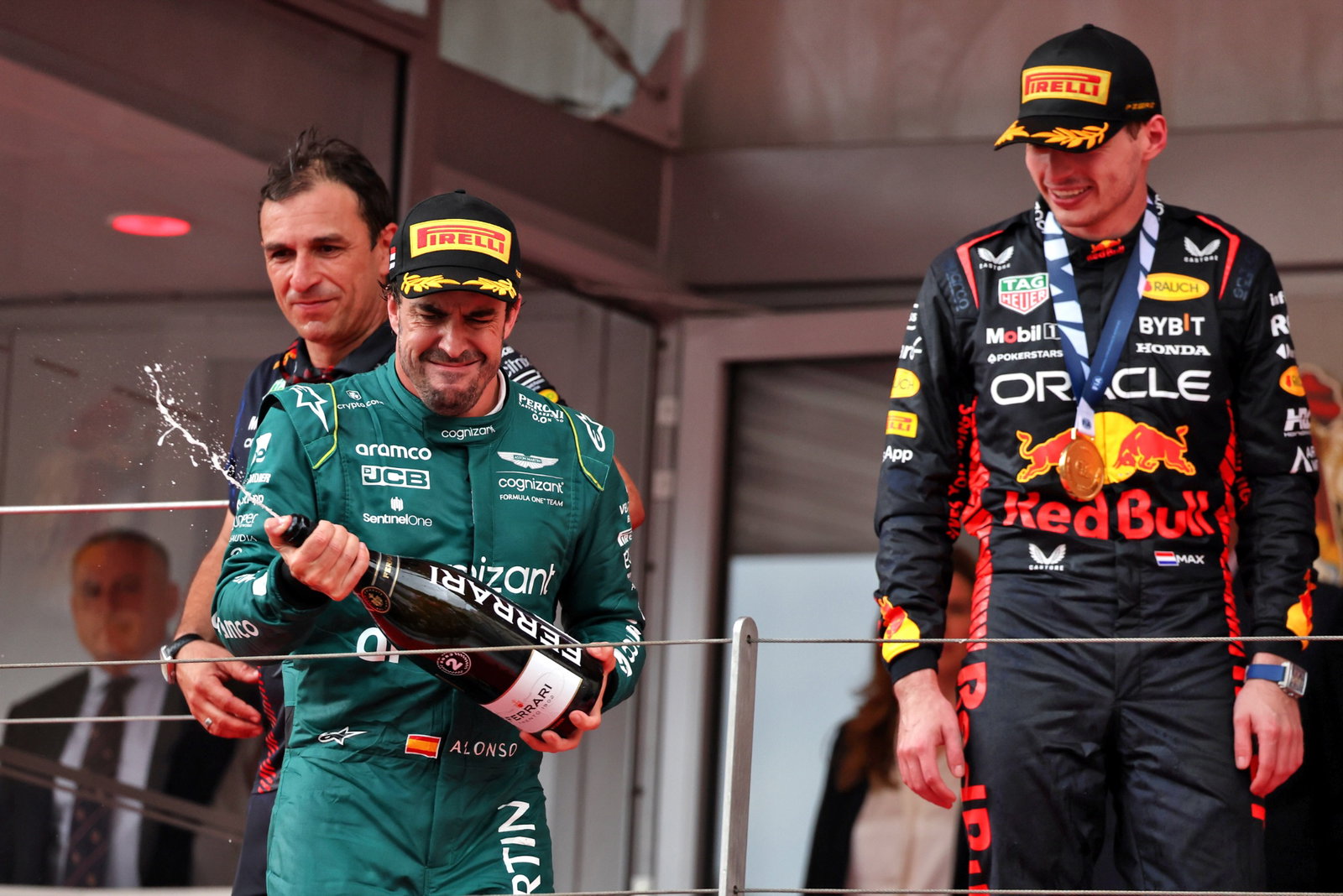 Fernando Alonso (ESP) Aston Martin F1 Team celebrates his second position on the podium. Formula 1 World Championship, Rd