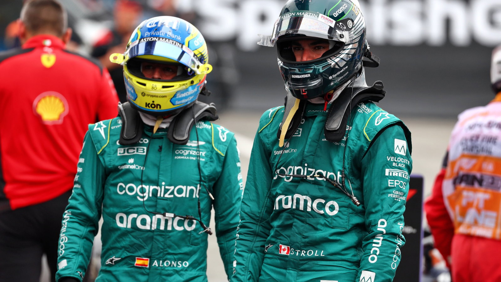 (L to R): Fernando Alonso (ESP) Aston Martin F1 Team and Lance Stroll (CDN) Aston Martin F1 Team in qualifying parc ferme.
