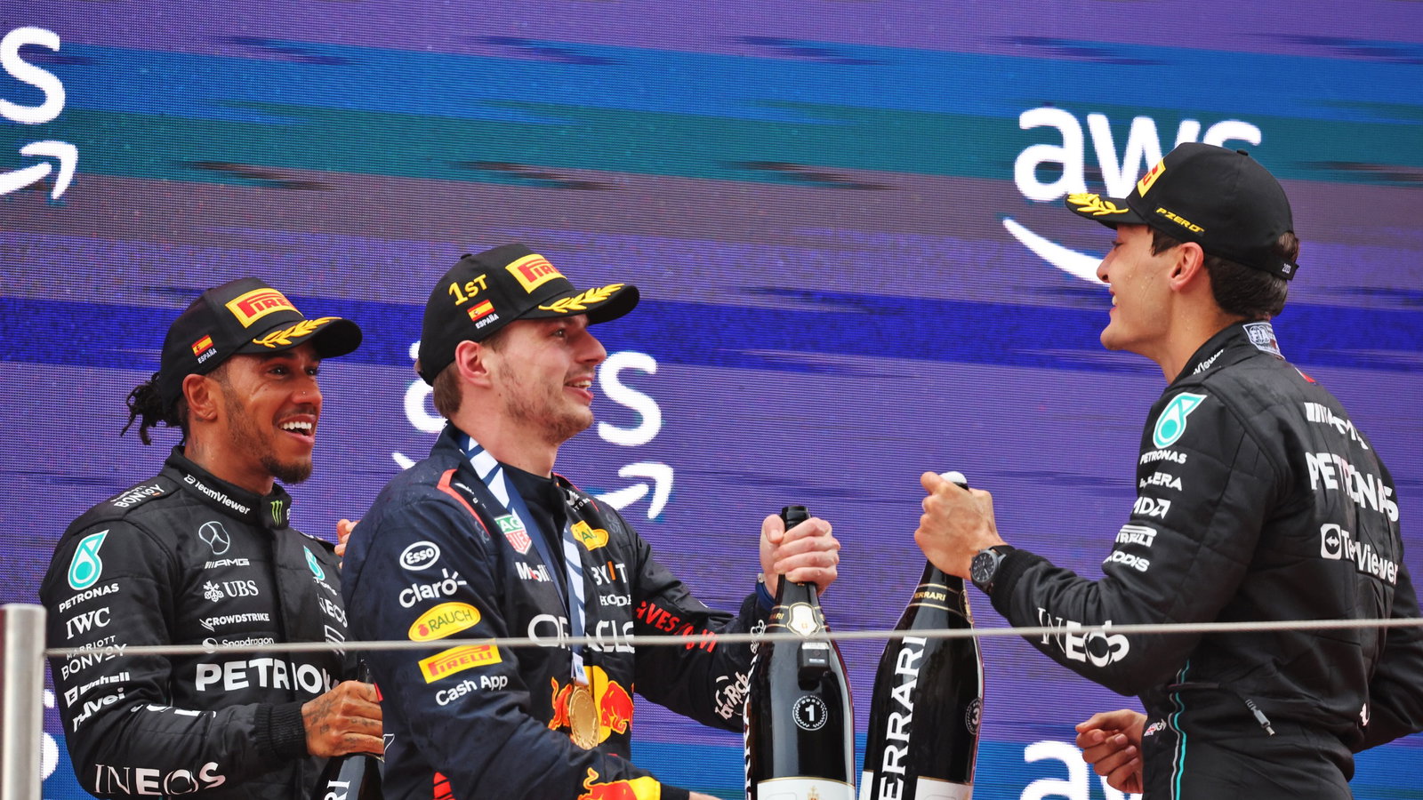 The podium (L to R): Lewis Hamilton (GBR) Mercedes AMG F1, second; Max Verstappen (NLD) Red Bull Racing, race winner; George