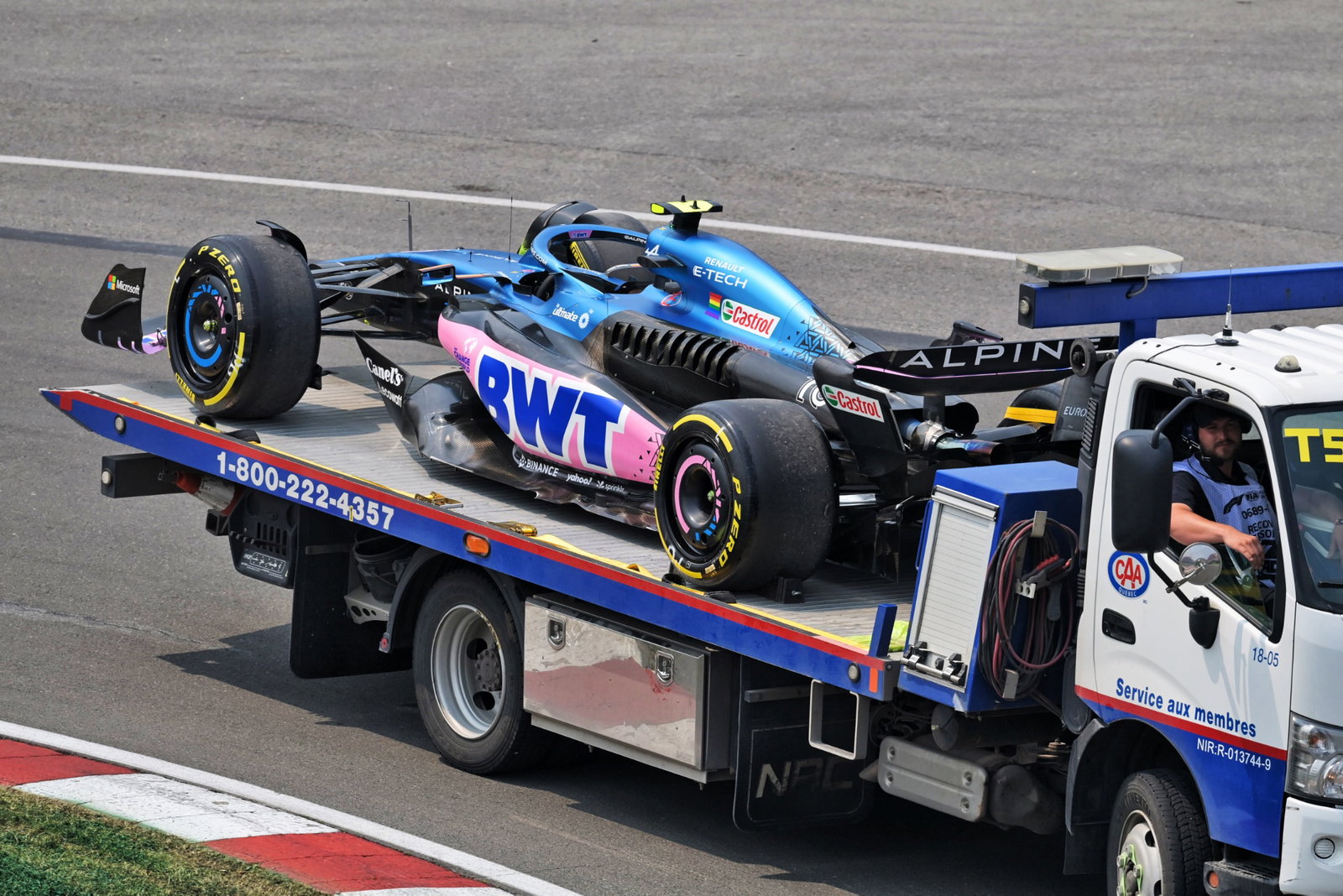 The Alpine F1 Team A523 of Pierre Gasly (FRA) Alpine F1 Team is recovered back to the pits on the back of a truck. Formula
