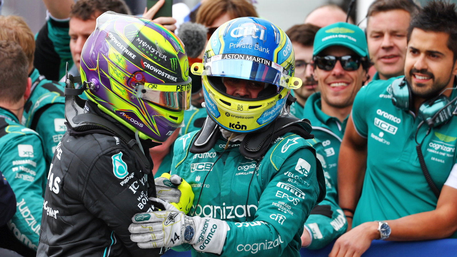 (L to R): Second placed Lewis Hamilton (GBR) Mercedes AMG F1 with third placed Fernando Alonso (ESP) Aston Martin F1 Team in