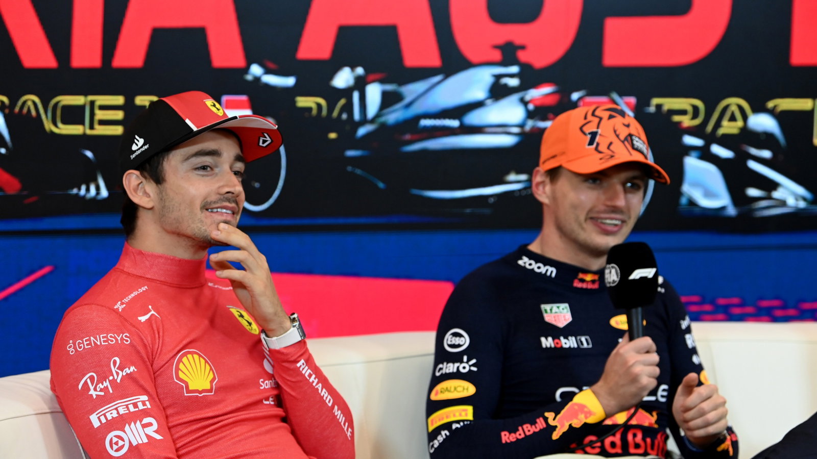 (L to R): Charles Leclerc (MON) Ferrari and Max Verstappen (NLD) Red Bull Racing in the post race FIA Press Conference.
