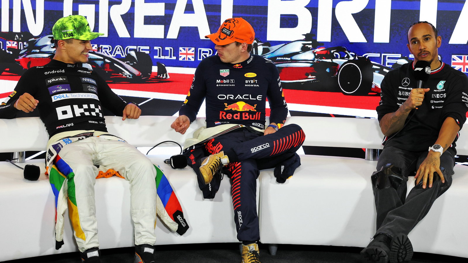 (L to R): Lando Norris (GBR) McLaren; Max Verstappen (NLD) Red Bull Racing; and Lewis Hamilton (GBR) Mercedes AMG F1, in the