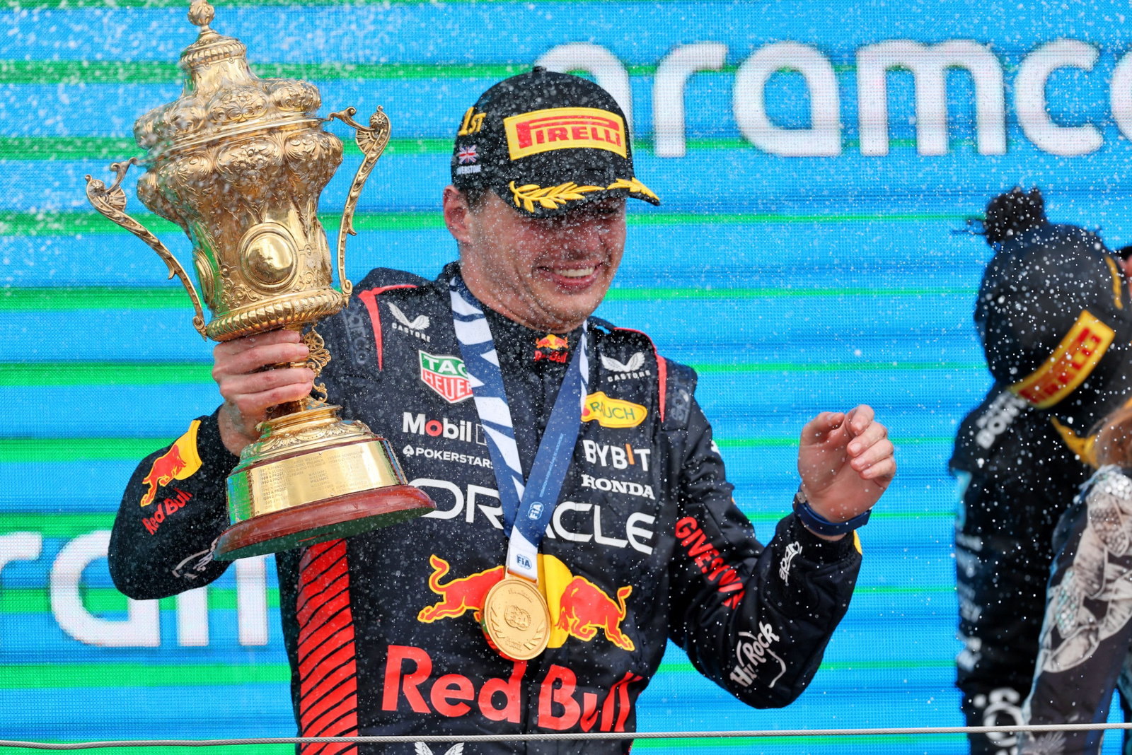 Race winner Max Verstappen (NLD) Red Bull Racing on the podium. Formula 1 World Championship, Rd 11, British Grand Prix,