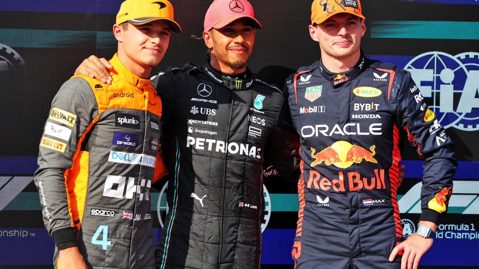 Qualifying top three in parc ferme (L to R): Lando Norris (GBR) McLaren, third; Lewis Hamilton (GBR) Mercedes AMG F1, pole