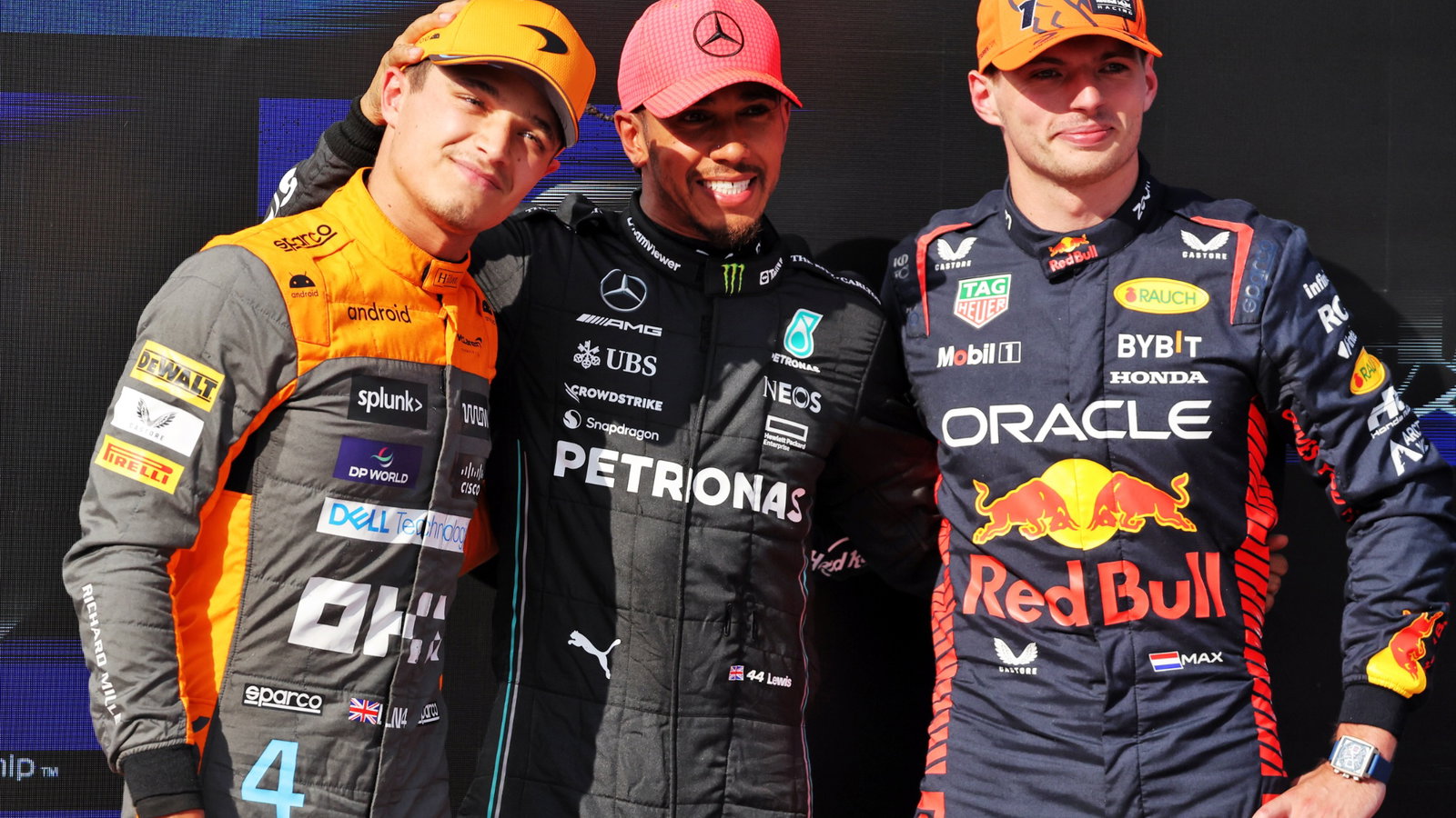 Qualifying top three in parc ferme (L to R): Lando Norris (GBR) McLaren, third; Lewis Hamilton (GBR) Mercedes AMG F1, pole