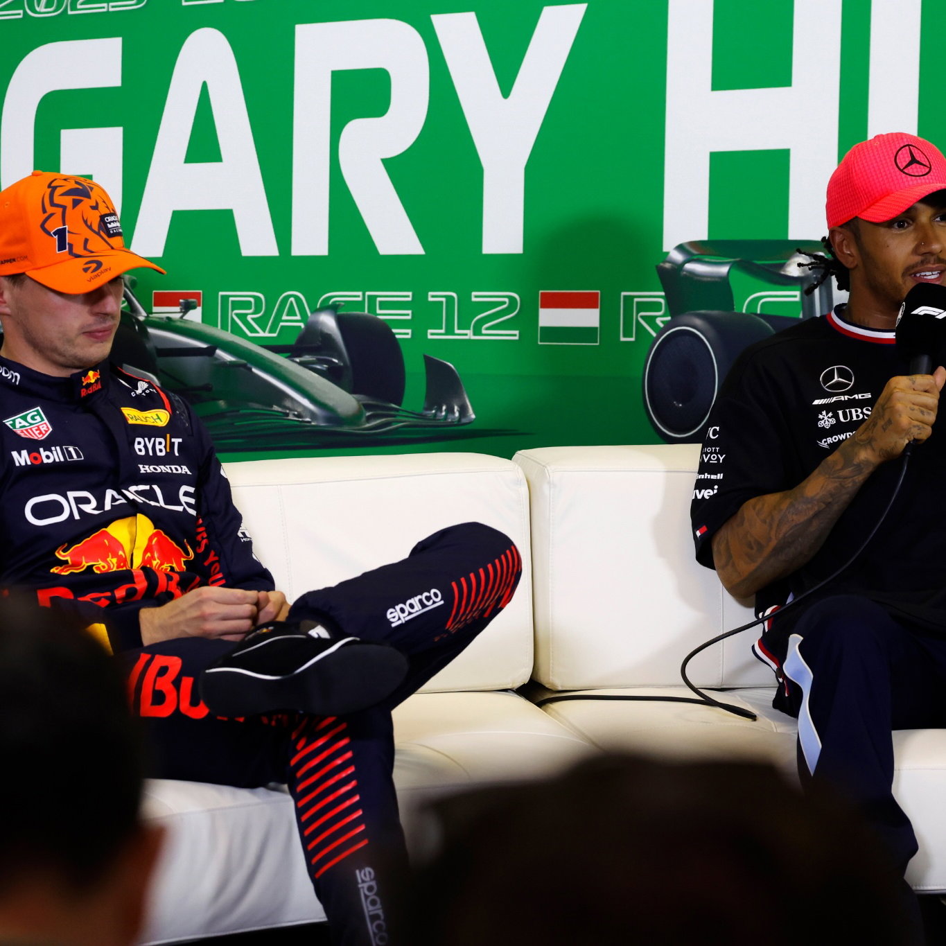 (L to R): Max Verstappen (NLD) Red Bull Racing and Lewis Hamilton (GBR) Mercedes AMG F1 in the post qualifying FIA Press