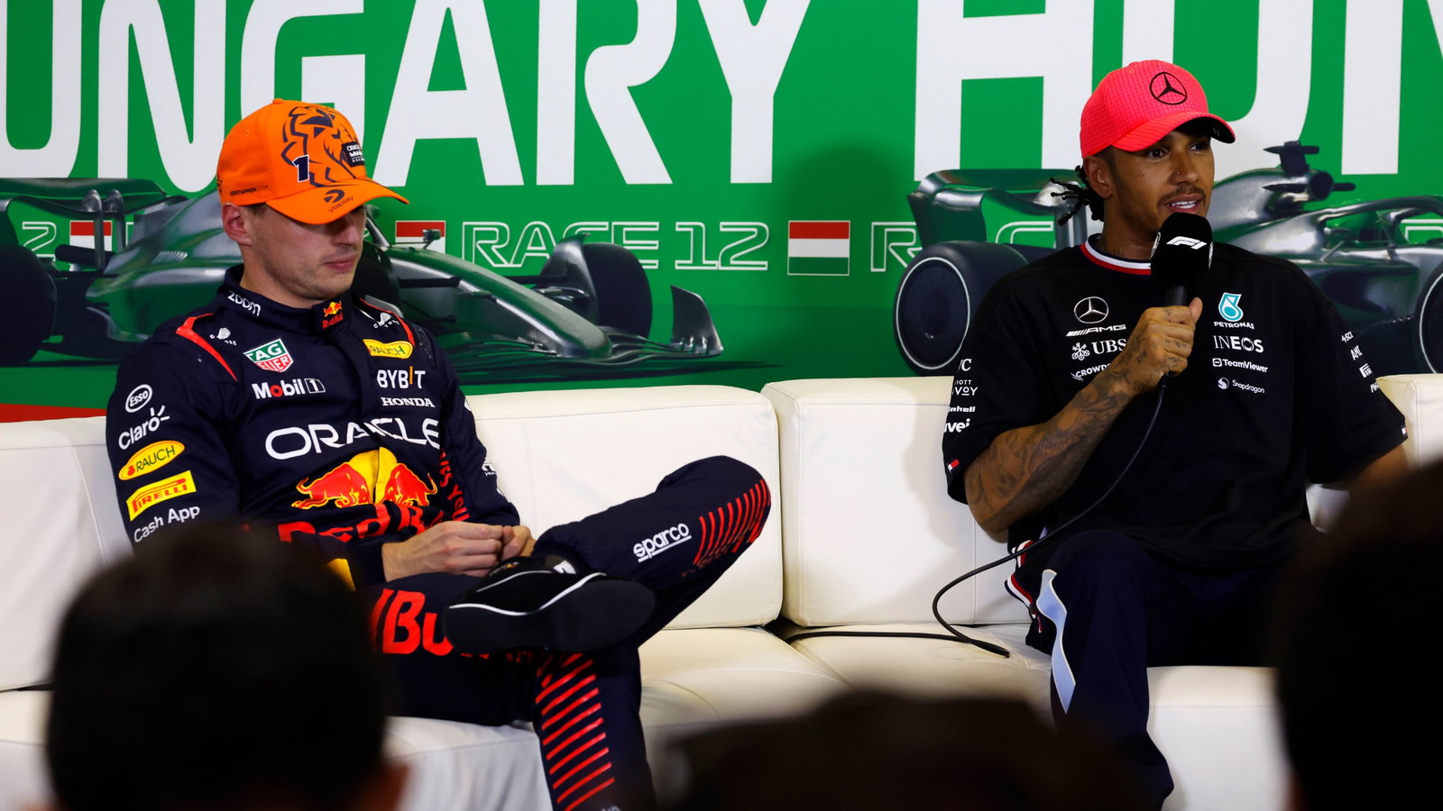 (L to R): Max Verstappen (NLD) Red Bull Racing and Lewis Hamilton (GBR) Mercedes AMG F1 in the post qualifying FIA Press