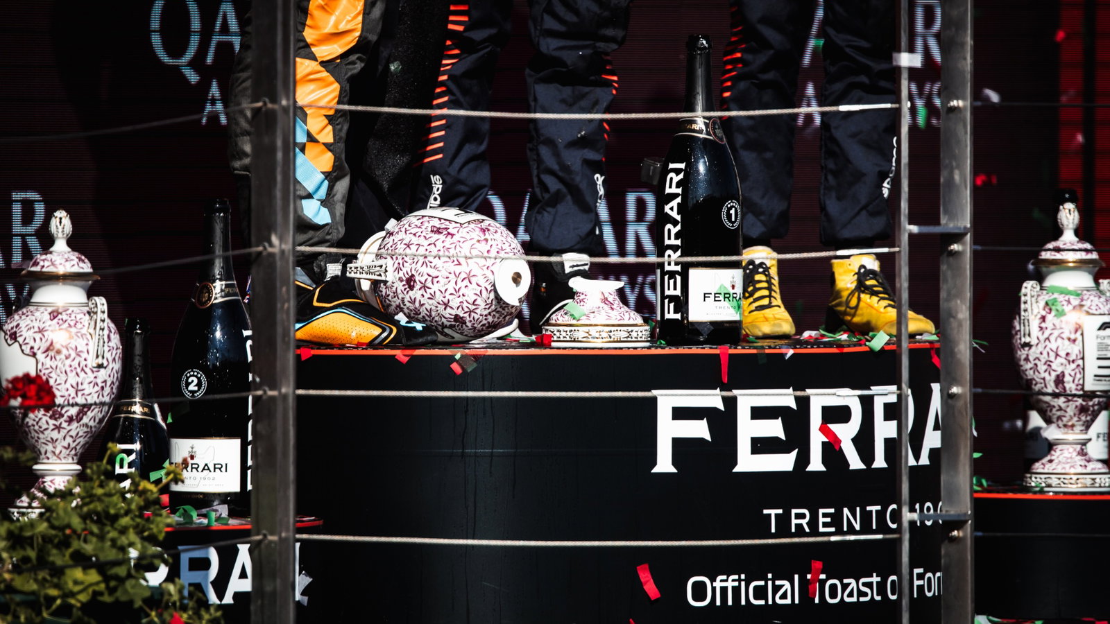 The broken trophy of race winner Max Verstappen (NLD) Red Bull Racing on the podium. Formula 1 World Championship, Rd 12,