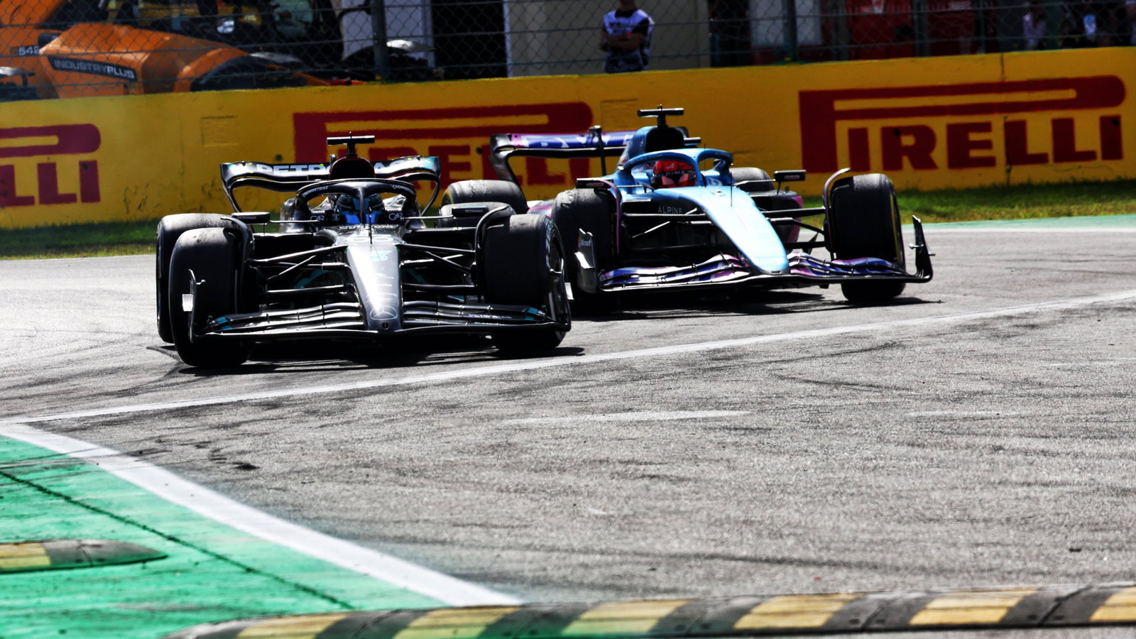 George Russell (GBR) Mercedes AMG F1 W14 leaves the pits ahead of Esteban Ocon (FRA) Alpine F1 Team A523 and runs wide.
