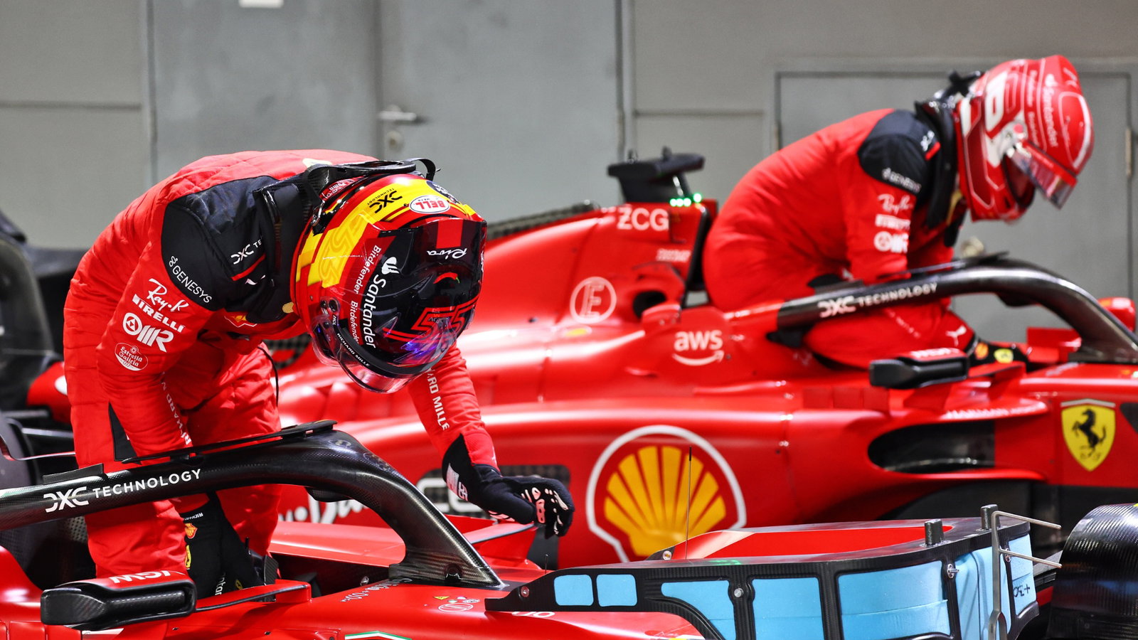 Pole sitter Carlos Sainz Jr (ESP) Ferrari and team mate Charles Leclerc (MON) Ferrari in qualifying parc ferme. Formula 1