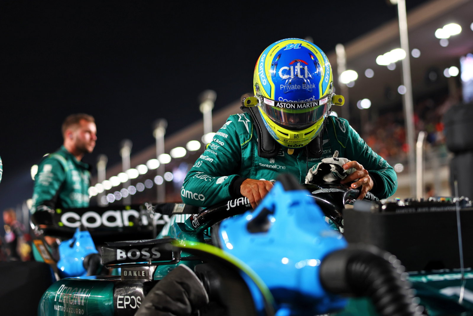 Fernando Alonso (ESP) Aston Martin F1 Team AMR23 on the grid. Formula 1 World Championship, Rd 18, Qatar Grand Prix, Doha,