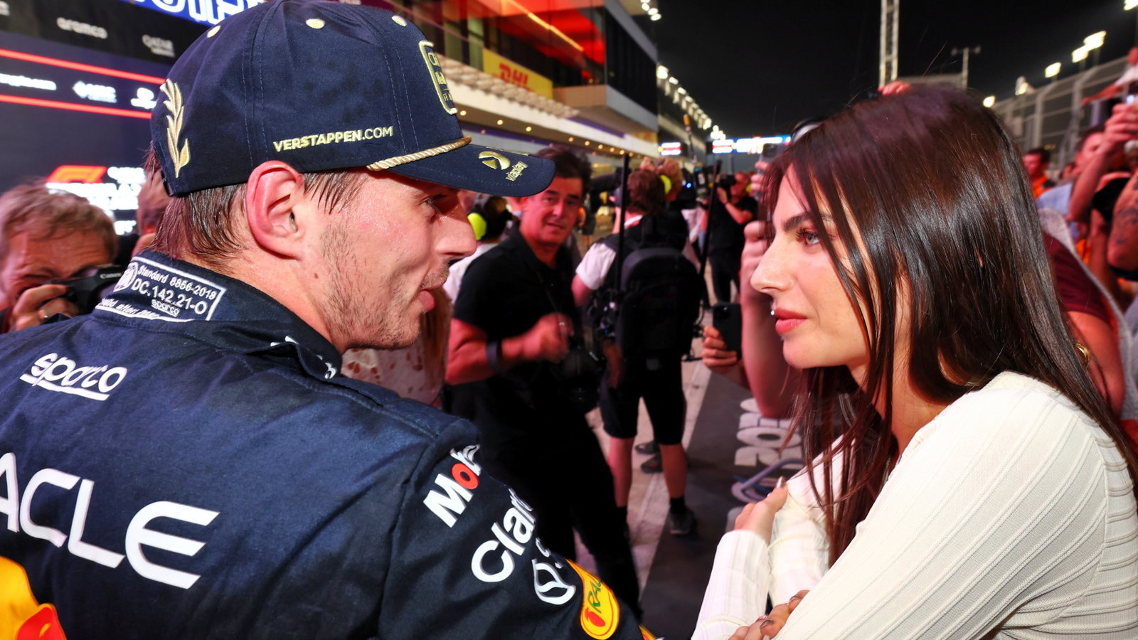 Max Verstappen (NLD) Red Bull Racing celebrates winning his third World Championship in Sprint parc ferme with girlfriend