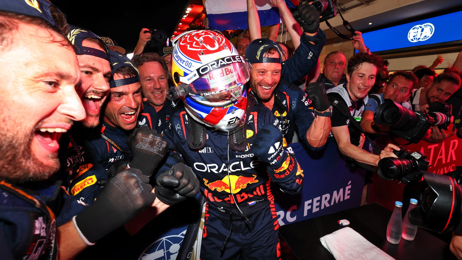 Max Verstappen (NLD) Red Bull Racing celebrates winning his third World Championship in Sprint parc ferme with the team.